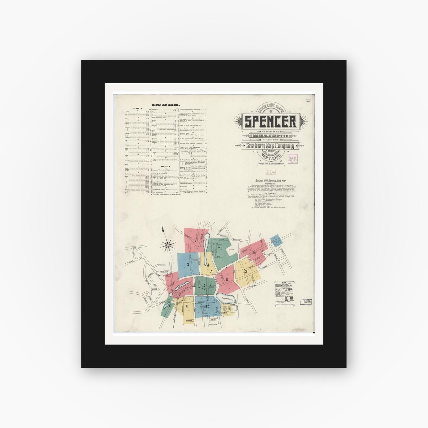 Old map wall art mockup — black gallery frame with white mat — Sanborn Fire Insurance Map from Spencer, Worcester County, Massachusetts (1906), Sheet #0001