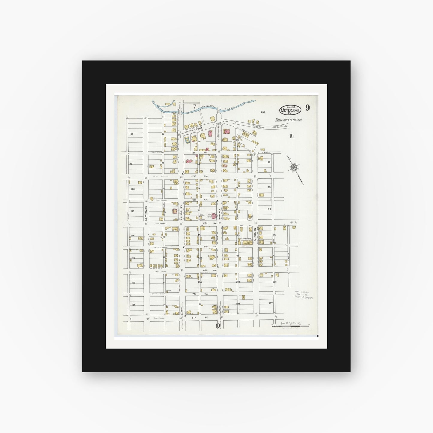 Old map wall art mockup — black gallery frame with white mat — Sanborn Fire Insurance Map from Meyersdale, Somerset County, Pennsylvania (1919), Sheet #0009