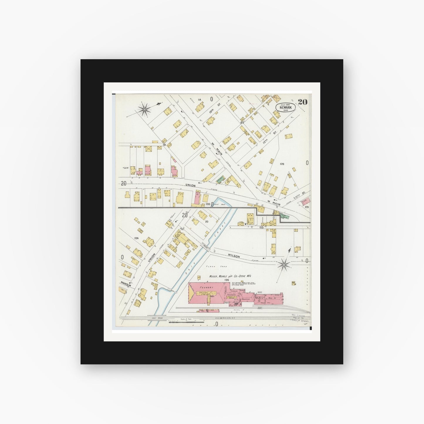 Old map wall art mockup — black gallery frame with white mat — Sanborn Fire Insurance Map from Newark, Licking County, Ohio (1899), Sheet #0020