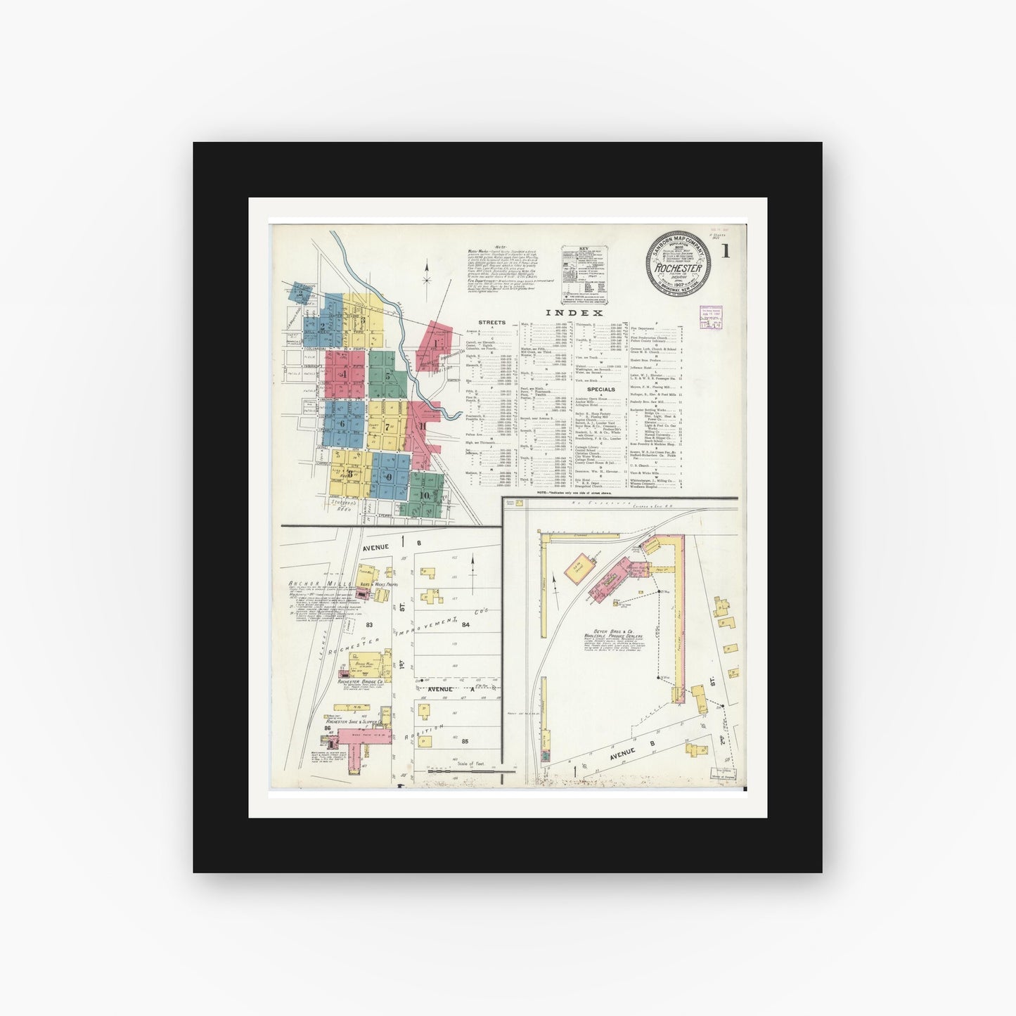 Old map wall art mockup — black gallery frame with white mat — Sanborn Fire Insurance Map from Rochester, Fulton County, Indiana (1907), Sheet #0001