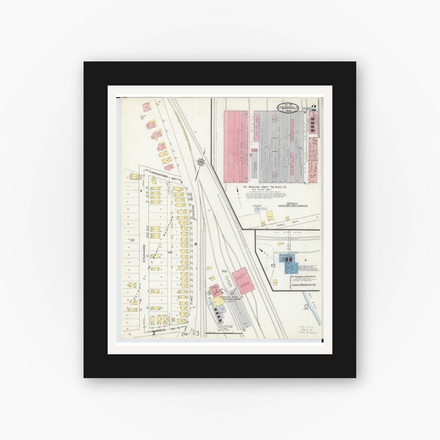 Old map wall art mockup — black gallery frame with white mat — Sanborn Fire Insurance Map from Steubenville, Jefferson County, Ohio (1913), Sheet #0002