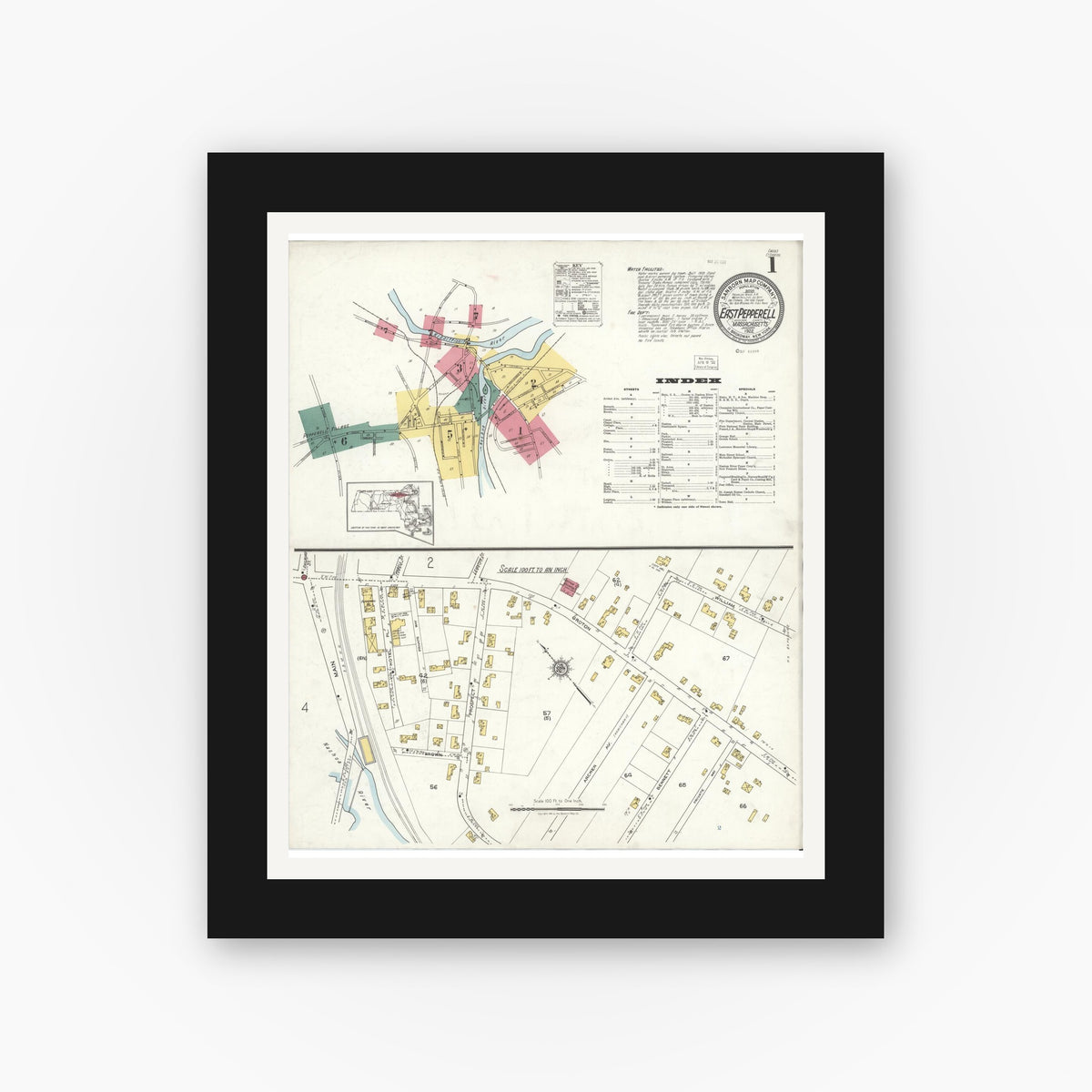Old map wall art mockup — black gallery frame with white mat — Sanborn Fire Insurance Map from East Pepperell, Middlesex County, Massachusetts (1922), Sheet #0001