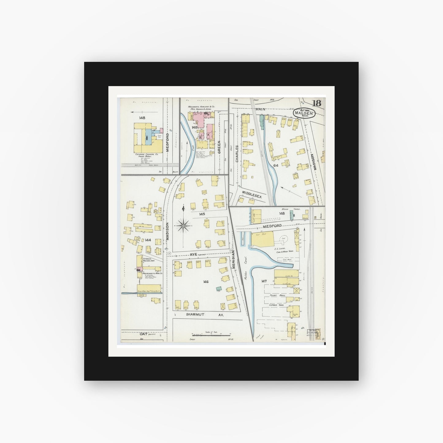 Old map wall art mockup — black gallery frame with white mat — Sanborn Fire Insurance Map from Malden, Middlesex County, Massachusetts (1892), Sheet #0018