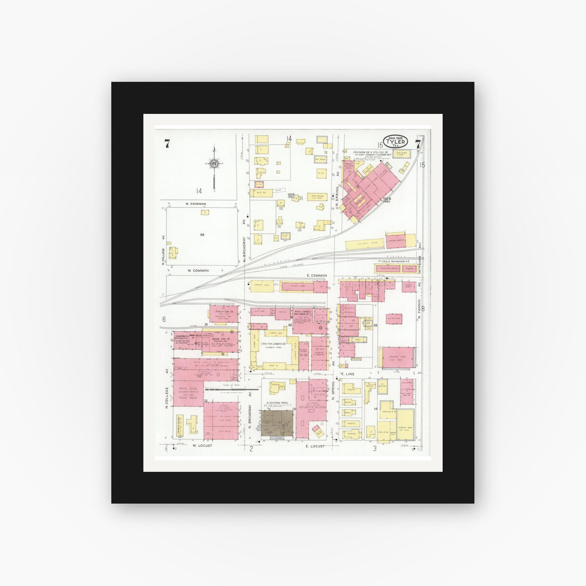 Old map wall art mockup — black gallery frame with white mat — Sanborn Fire Insurance Map from Tyler, Smith County, Texas (1928), Sheet #0007
