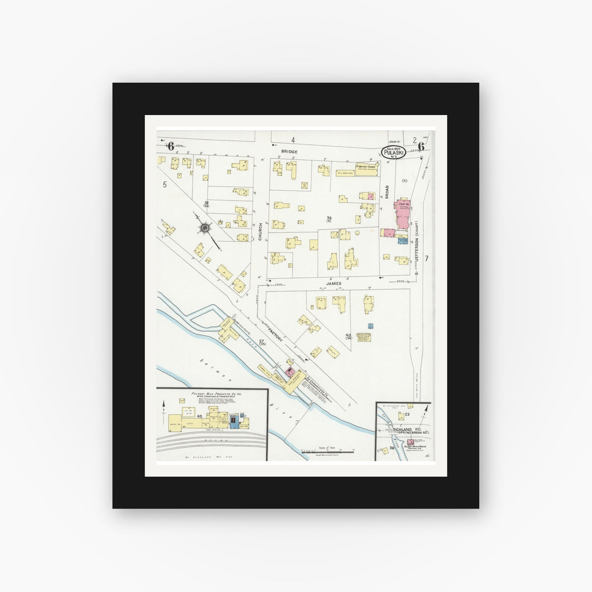 Old map wall art mockup — black gallery frame with white mat — Sanborn Fire Insurance Map from Pulaski, Oswego County, New York (1925), Sheet #0006
