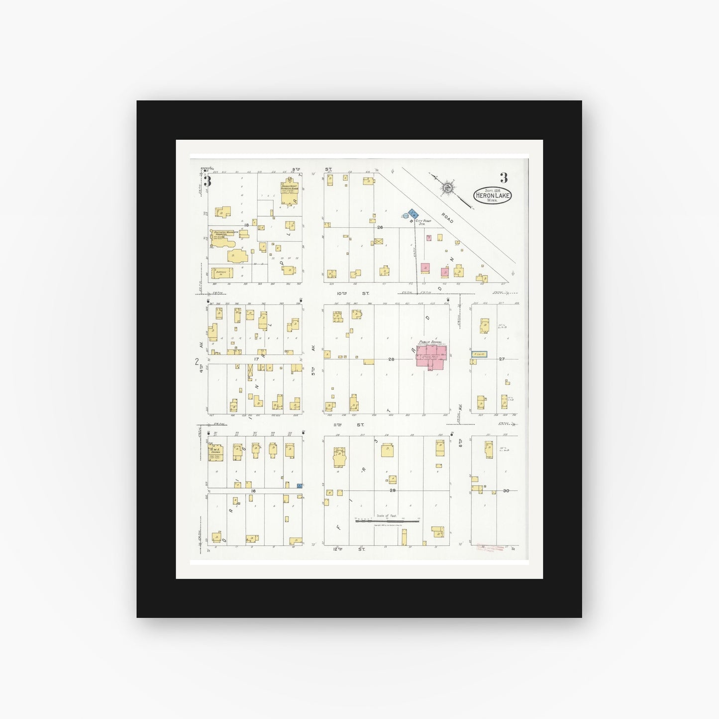 Old map wall art mockup — black gallery frame with white mat — Sanborn Fire Insurance Map from Heron Lake, Jackson County, Minnesota (1926), Sheet #0003