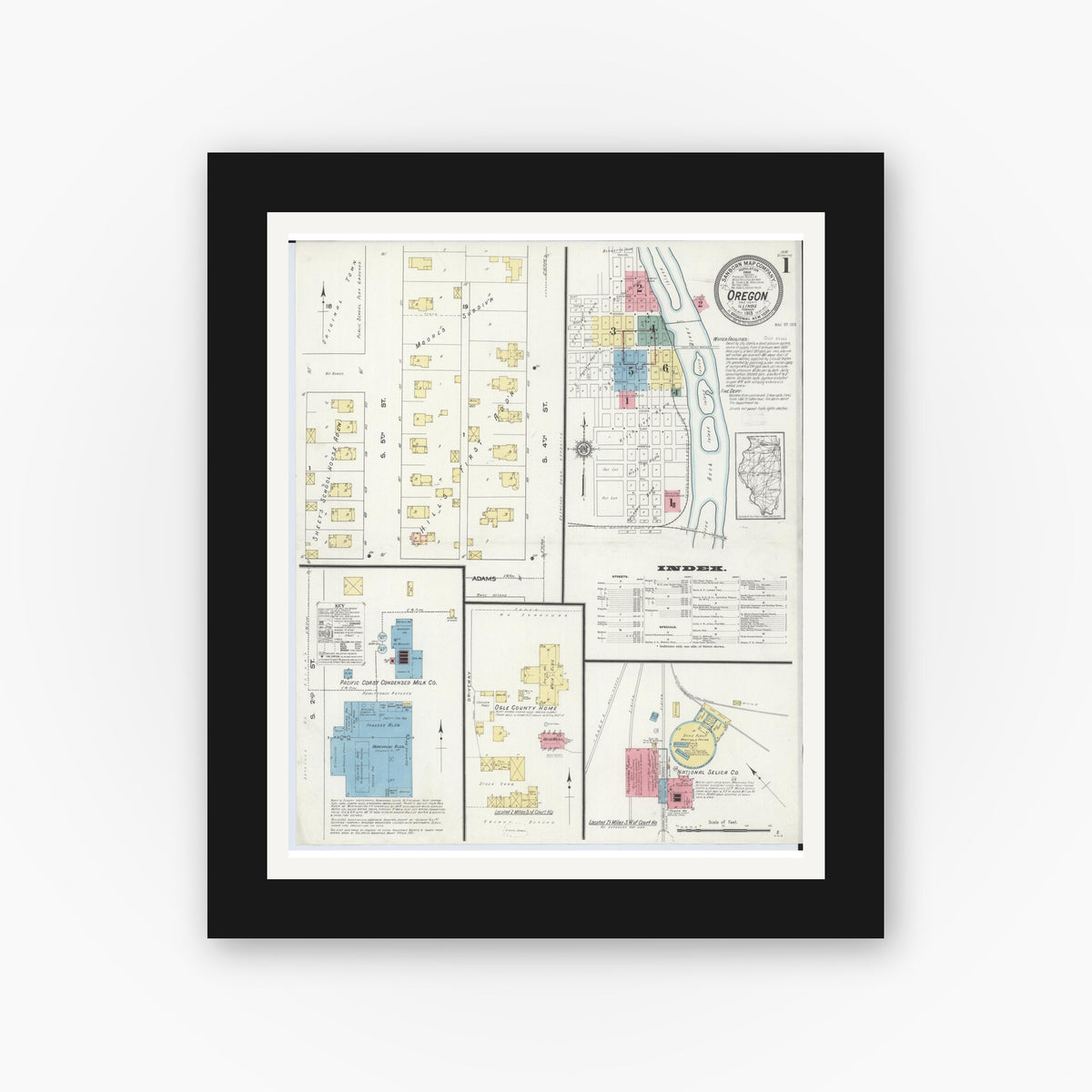 Old map wall art mockup — black gallery frame with white mat — Sanborn Fire Insurance Map from Oregon, Ogle County, Illinois (1913) - Complete Map Set