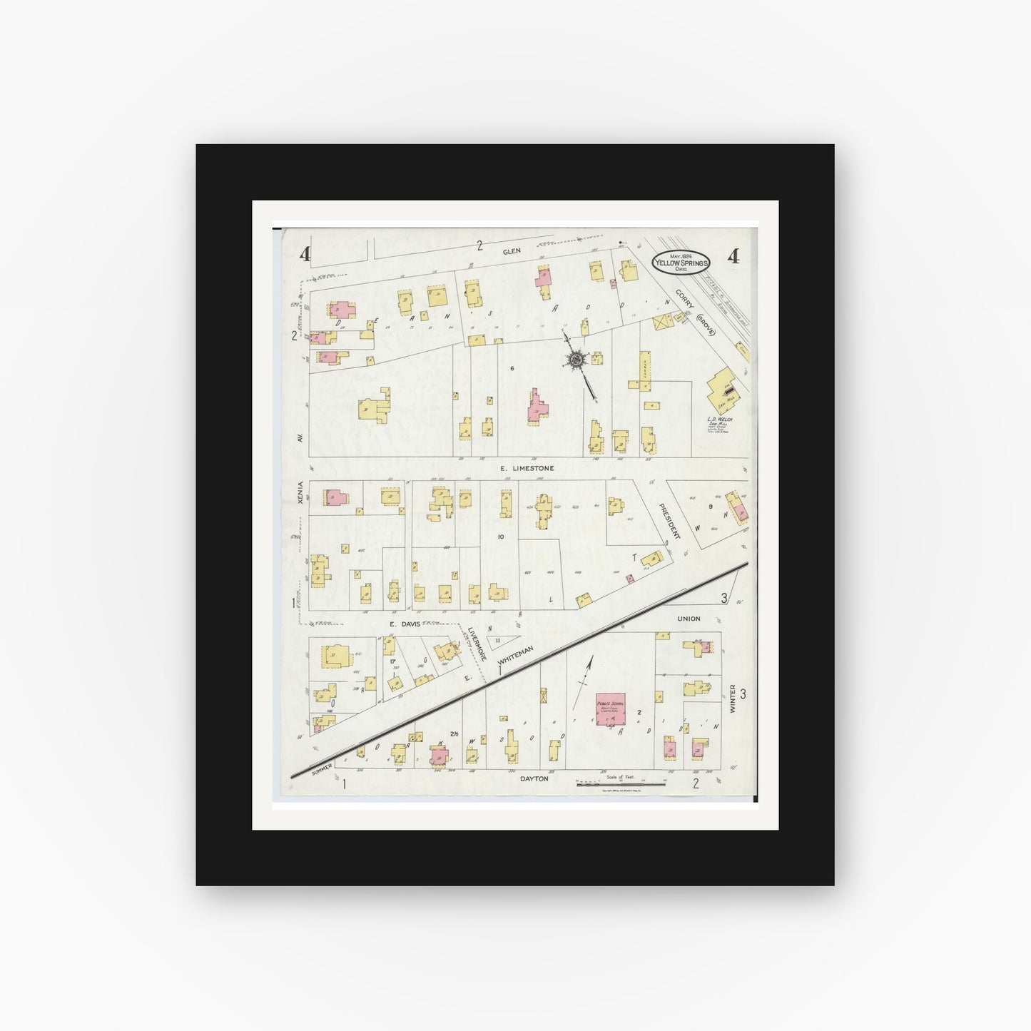 Old map wall art mockup — black gallery frame with white mat — Sanborn Fire Insurance Map from Yellow Springs, Greene County, Ohio (1924), Sheet #0004