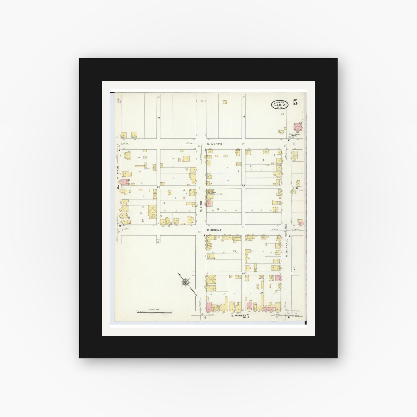 Old map wall art mockup — black gallery frame with white mat — Sanborn Fire Insurance Map from Cadiz, Harrison County, Ohio (1916), Sheet #0005