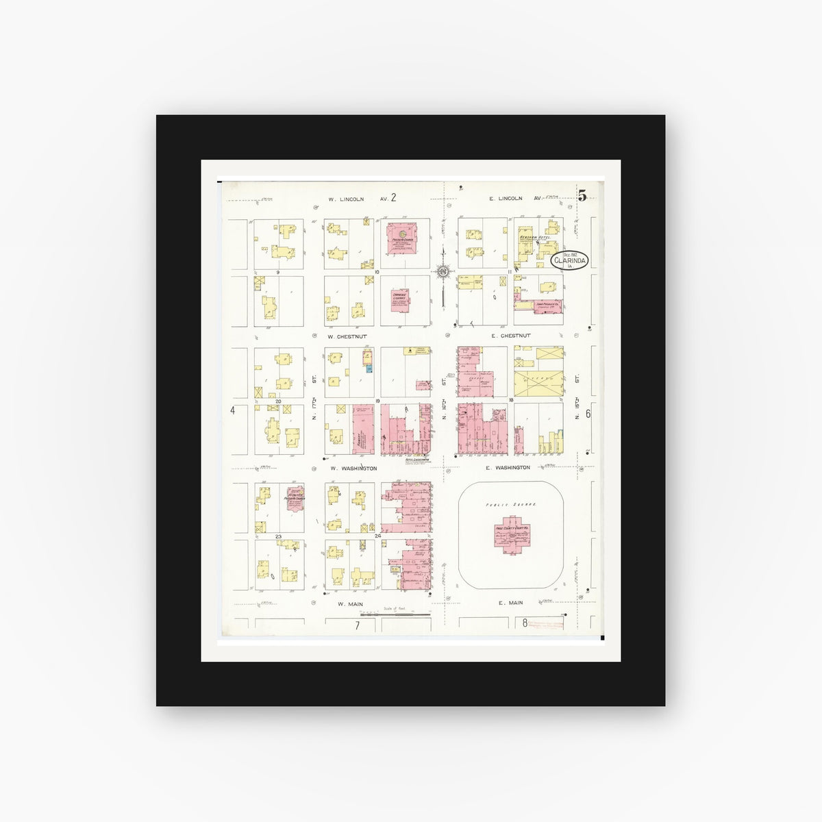 Old map wall art mockup — black gallery frame with white mat — Sanborn Fire Insurance Map from Clarinda, Page County, Iowa (1912), Sheet #0005