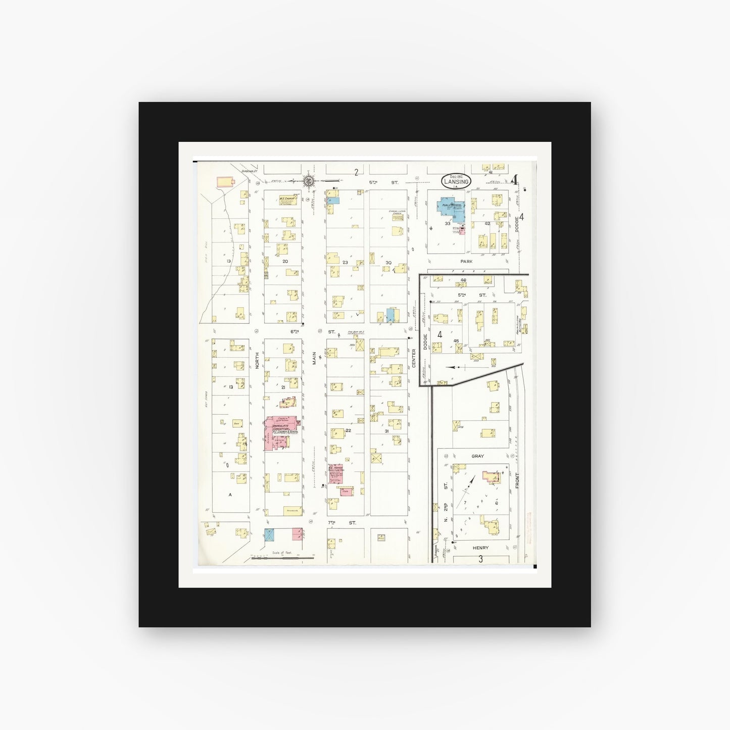 Old map wall art mockup — black gallery frame with white mat — Sanborn Fire Insurance Map from Lansing, Allamakee County, Iowa (1912), Sheet #0004