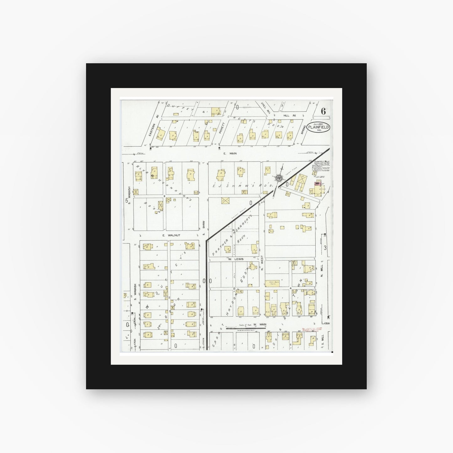 Old map wall art mockup — black gallery frame with white mat — Sanborn Fire Insurance Map from Plainfield, Hendricks County, Indiana (1920), Sheet #0006