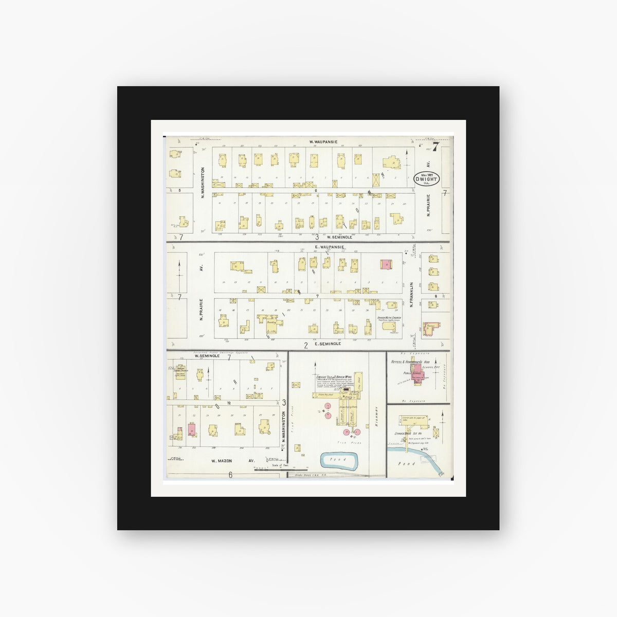 Old map wall art mockup — black gallery frame with white mat — Sanborn Fire Insurance Map from Dwight, Livingston County, Illinois (1907), Sheet #0007