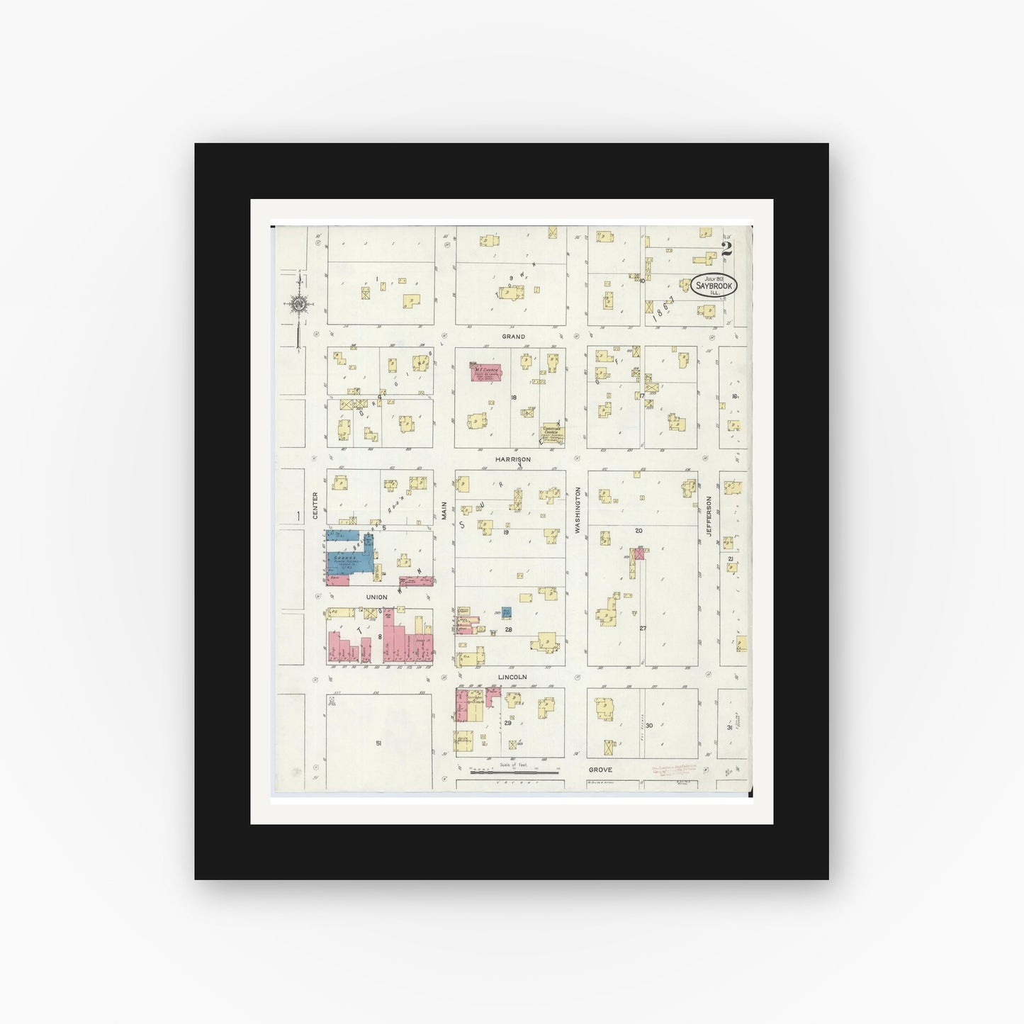 Old map wall art mockup — black gallery frame with white mat — Sanborn Fire Insurance Map from Saybrook, McLean County, Illinois (1913), Sheet #0002