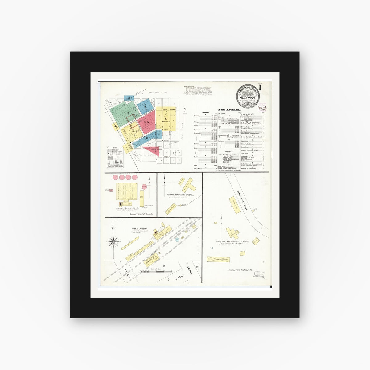Old map wall art mockup — black gallery frame with white mat — Sanborn Fire Insurance Map from Audubon, Audubon County, Iowa (1908) — Complete Set