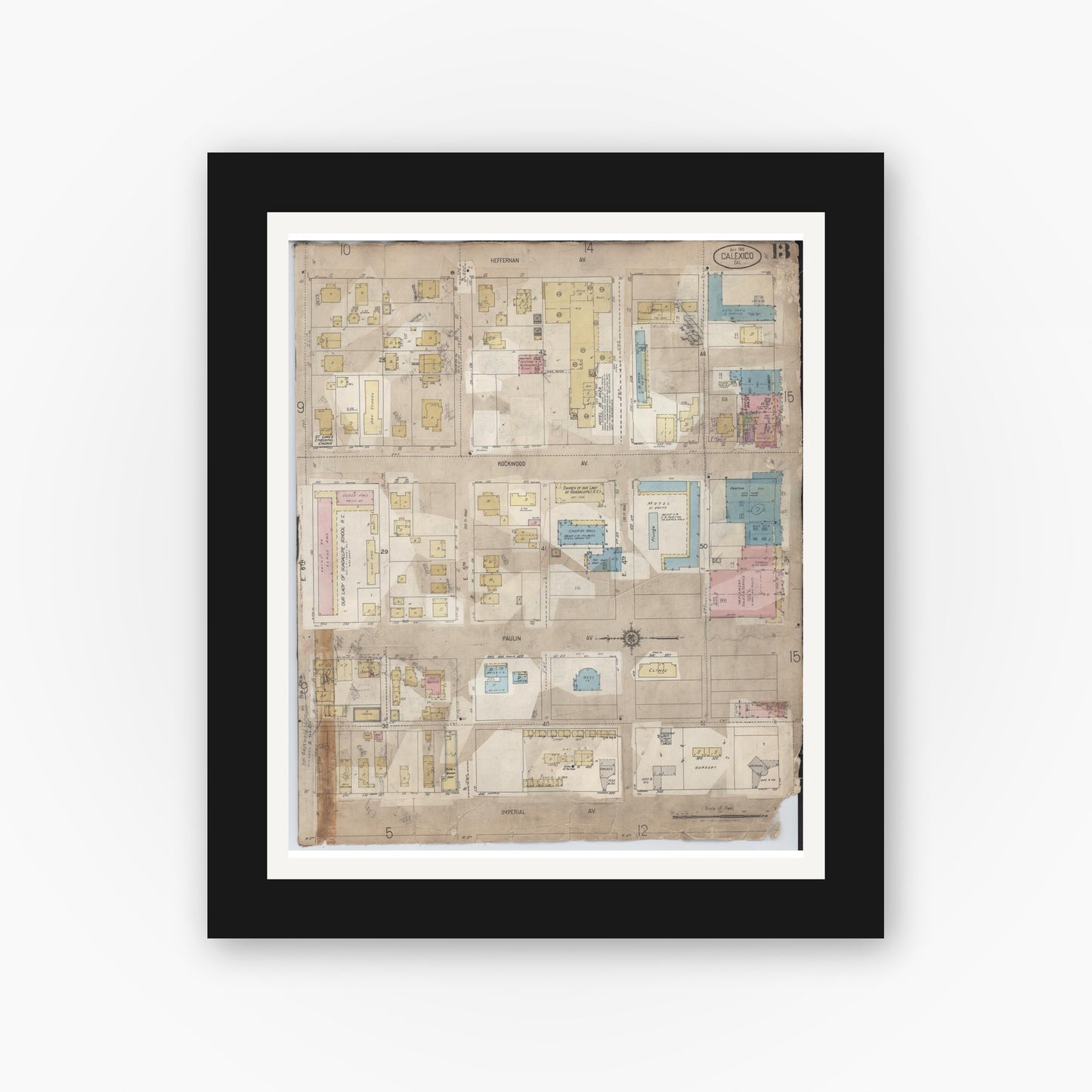 Old map wall art mockup — black gallery frame with white mat — Sanborn Fire Insurance Map from Calexico, Imperial County, California (1956), Sheet #0013