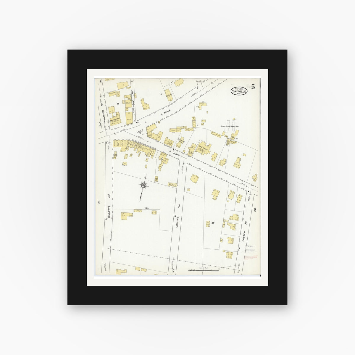 Old map wall art mockup — black gallery frame with white mat — Sanborn Fire Insurance Map from Sayville, Suffolk County, New York (1915), Sheet #0005
