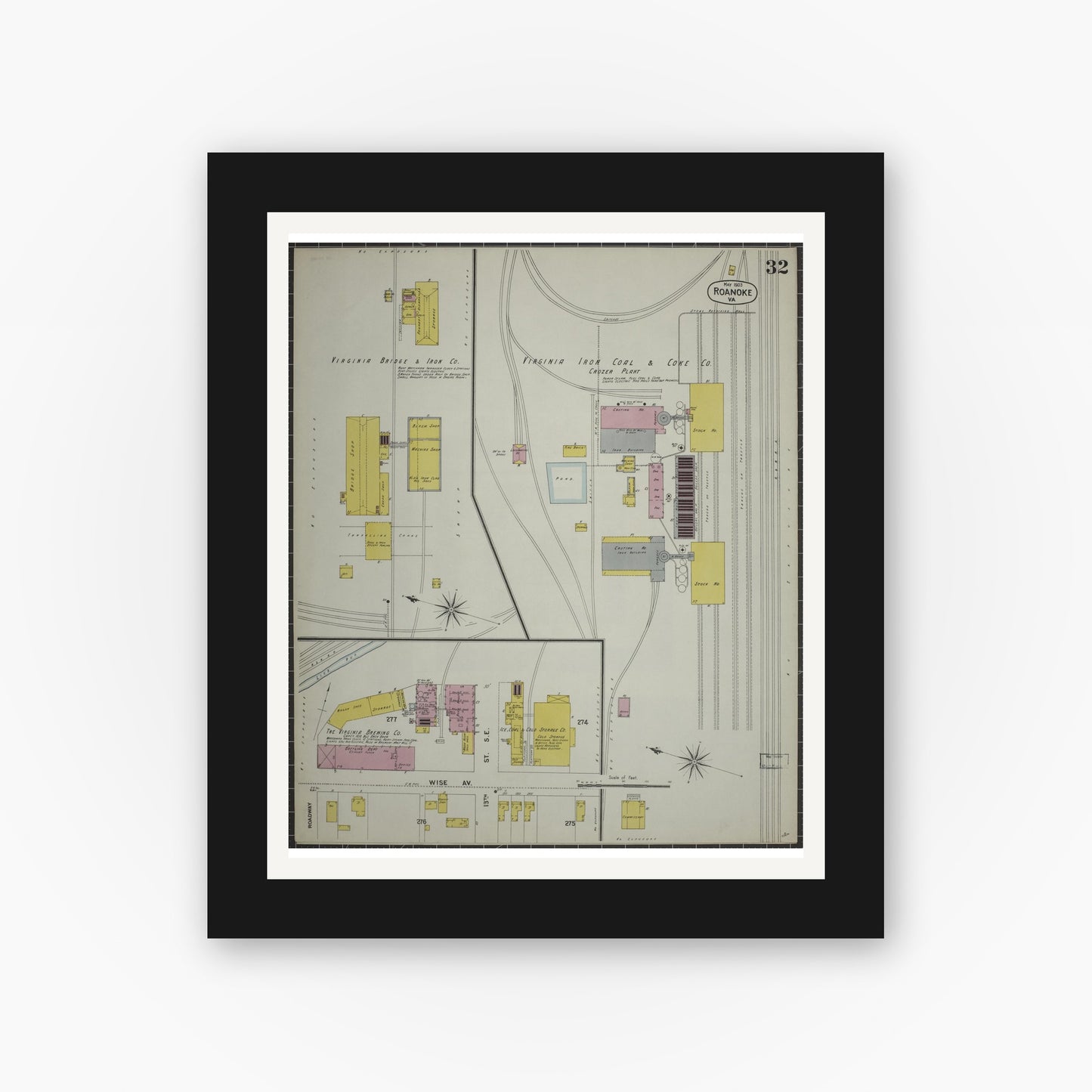 Old map wall art mockup — black gallery frame with white mat — Sanborn Fire Insurance Map from Roanoke, Independent Cities, Virginia (1903), Sheet #0032