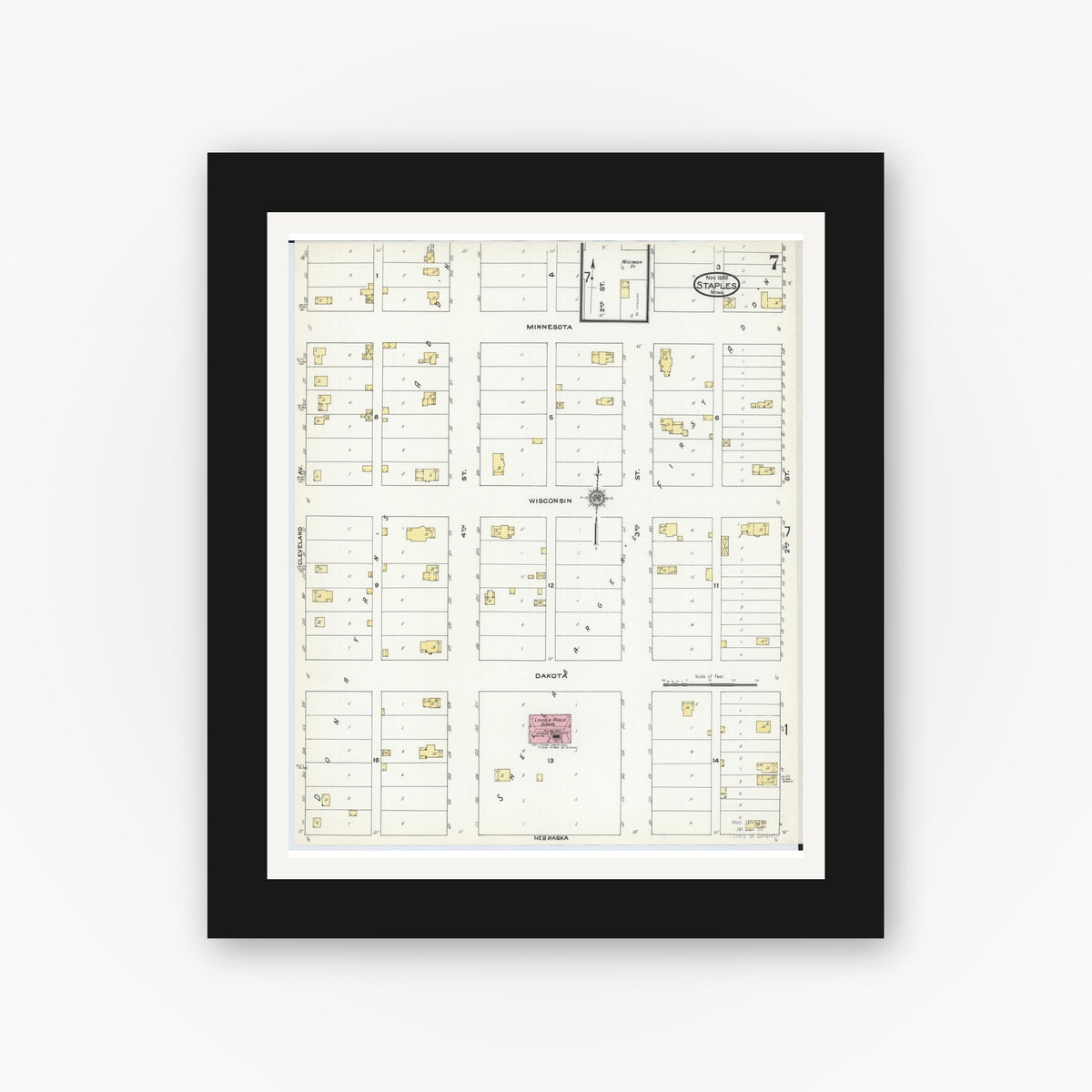 Old map wall art mockup — black gallery frame with white mat — Sanborn Fire Insurance Map from Staples, Todd County, Minnesota (1909), Sheet #0007