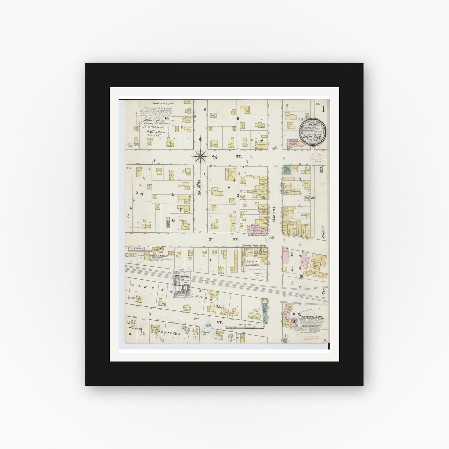 Old map wall art mockup — black gallery frame with white mat — Sanborn Fire Insurance Map from Imlay City, Lapeer County, Michigan (1890) - Complete Map Set