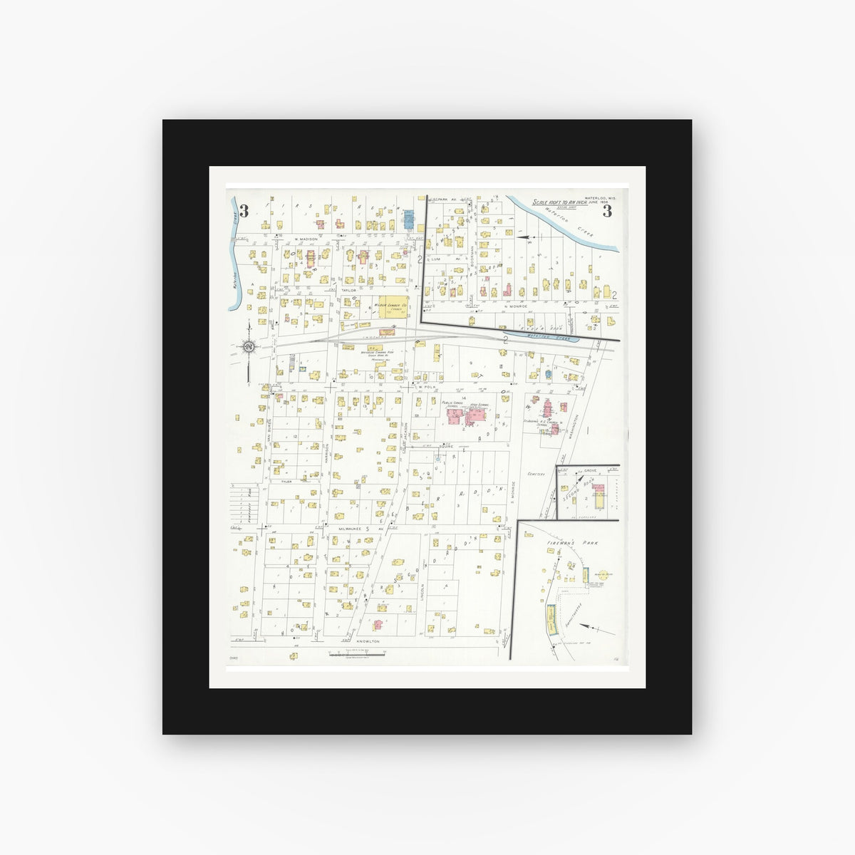 Old map wall art mockup — black gallery frame with white mat — Sanborn Fire Insurance Map from Waterloo, Jefferson County, Wisconsin (1936), Sheet #0003