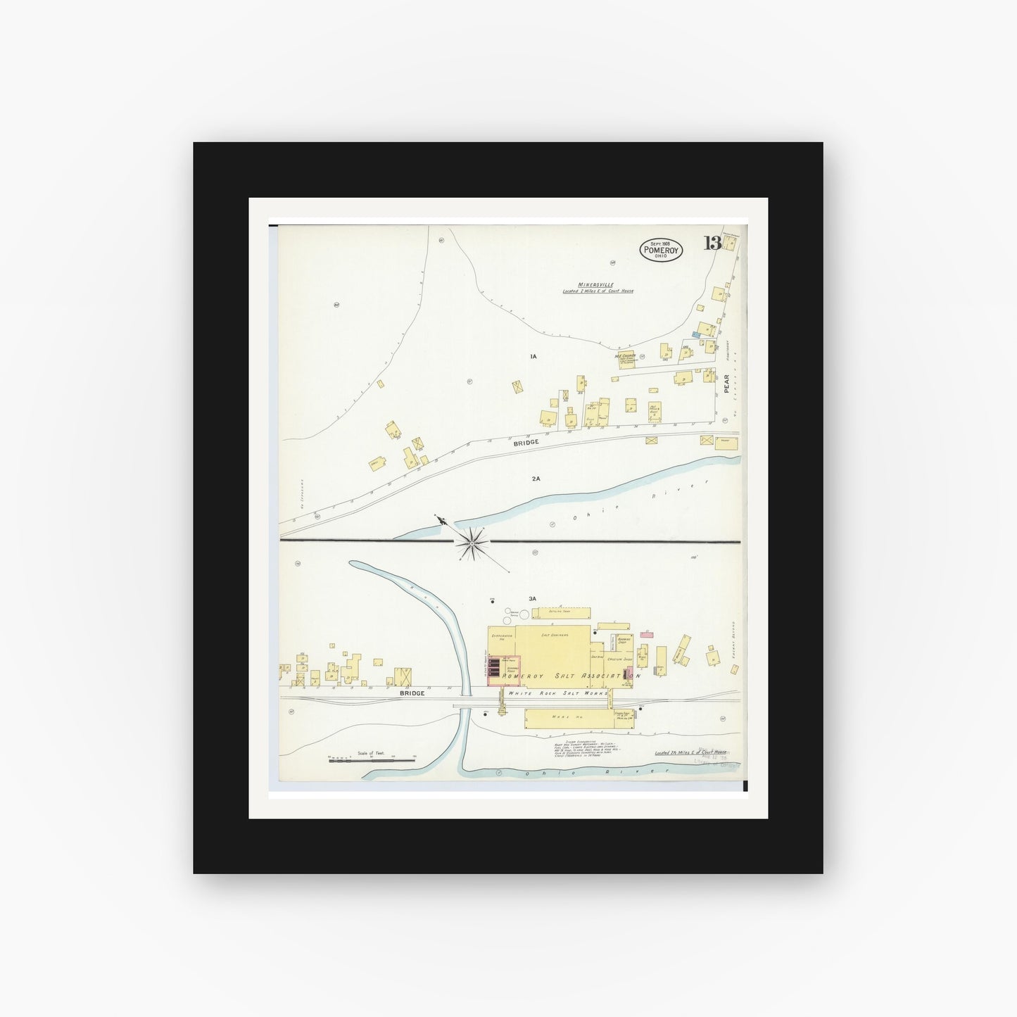 Old map wall art mockup — black gallery frame with white mat — Sanborn Fire Insurance Map from Pomeroy, Meigs County, Ohio (1908), Sheet #0013