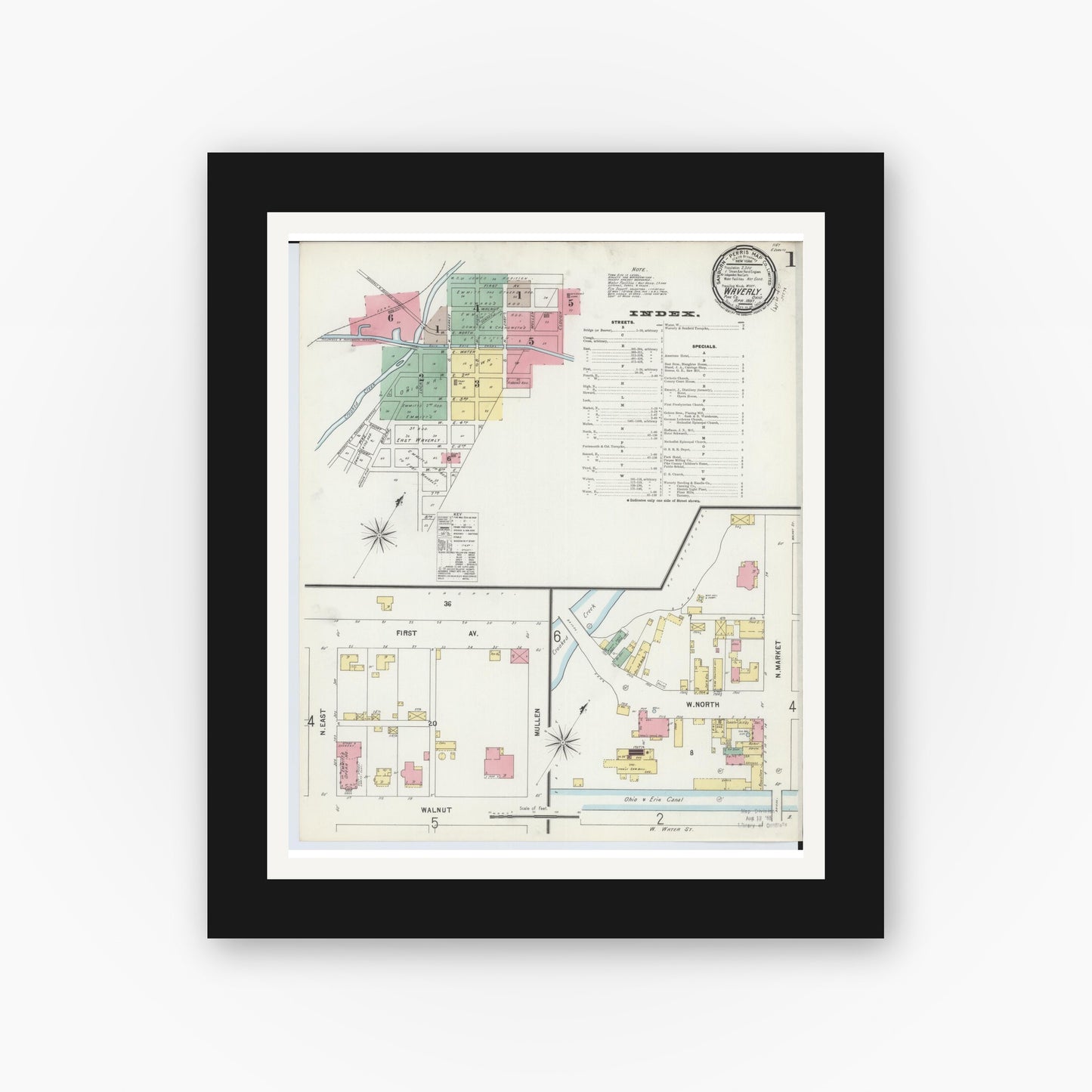 Old map wall art mockup — black gallery frame with white mat — Sanborn Fire Insurance Map from Waverly, Pike County, Ohio (1897) - Complete Map Set