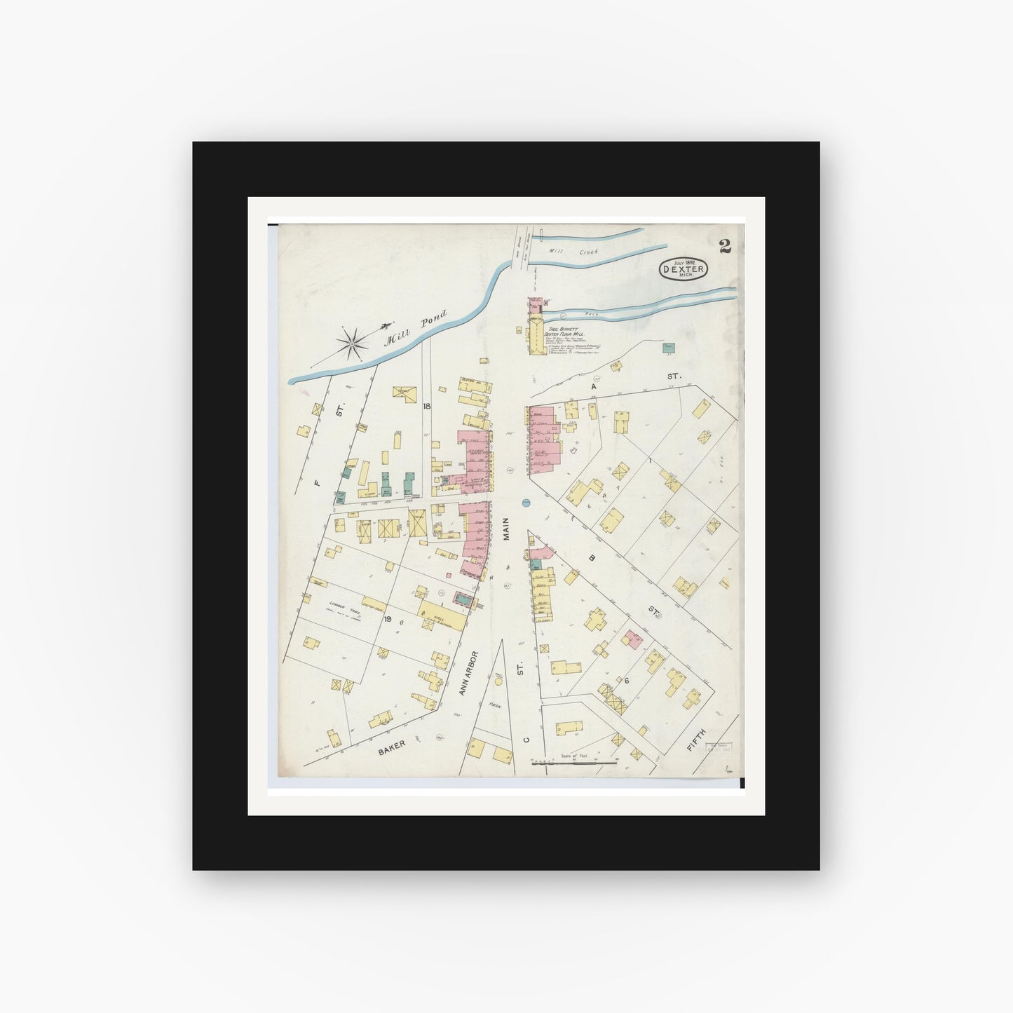 Old map wall art mockup — black gallery frame with white mat — Sanborn Fire Insurance Map from Dexter, Washtenaw County, Michigan (1892), Sheet #0002