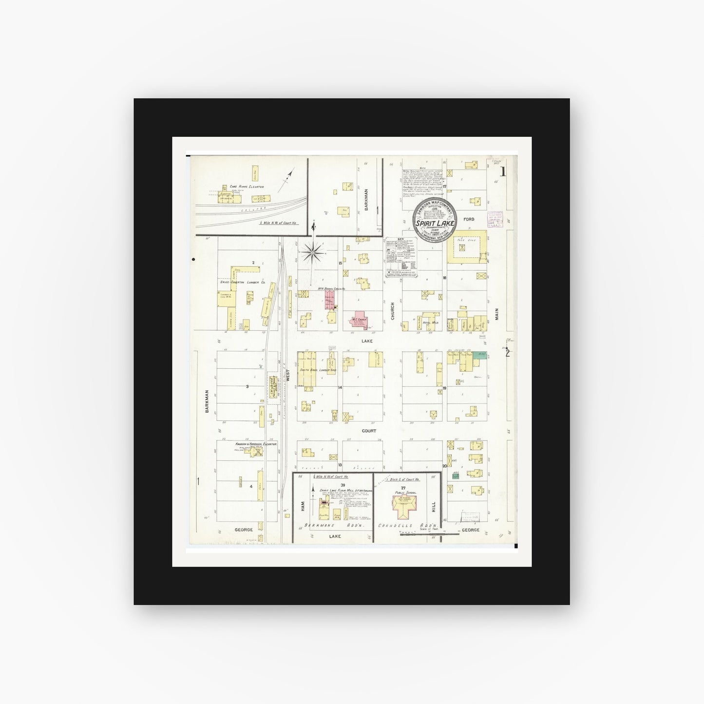 Old map wall art mockup β black gallery frame with white mat β Sanborn Fire Insurance Map from Spirit Lake, Dickinson County, Iowa (1907), Sheet #0001