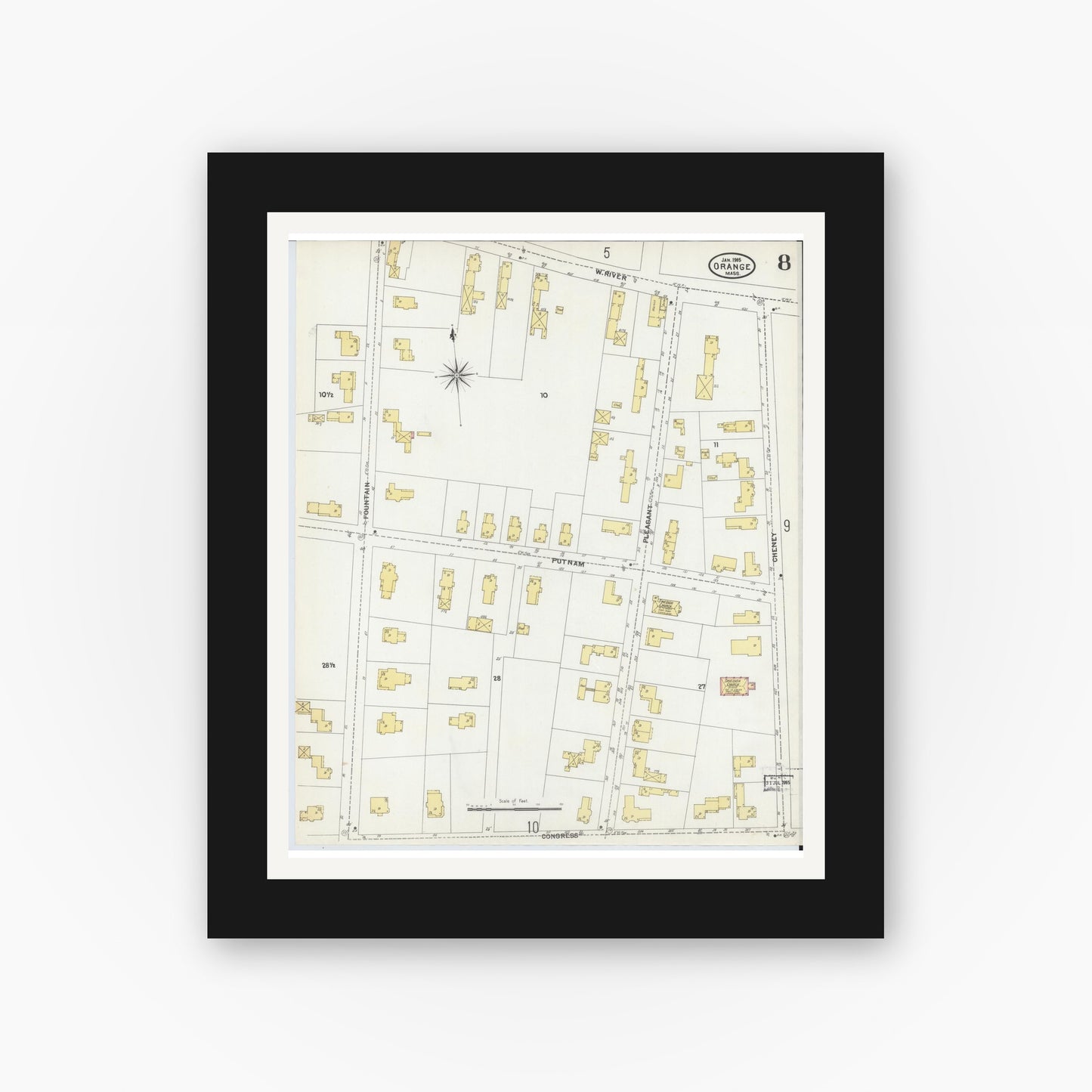Old map wall art mockup — black gallery frame with white mat — Sanborn Fire Insurance Map from Orange, Franklin County, Massachusetts (1905), Sheet #0008