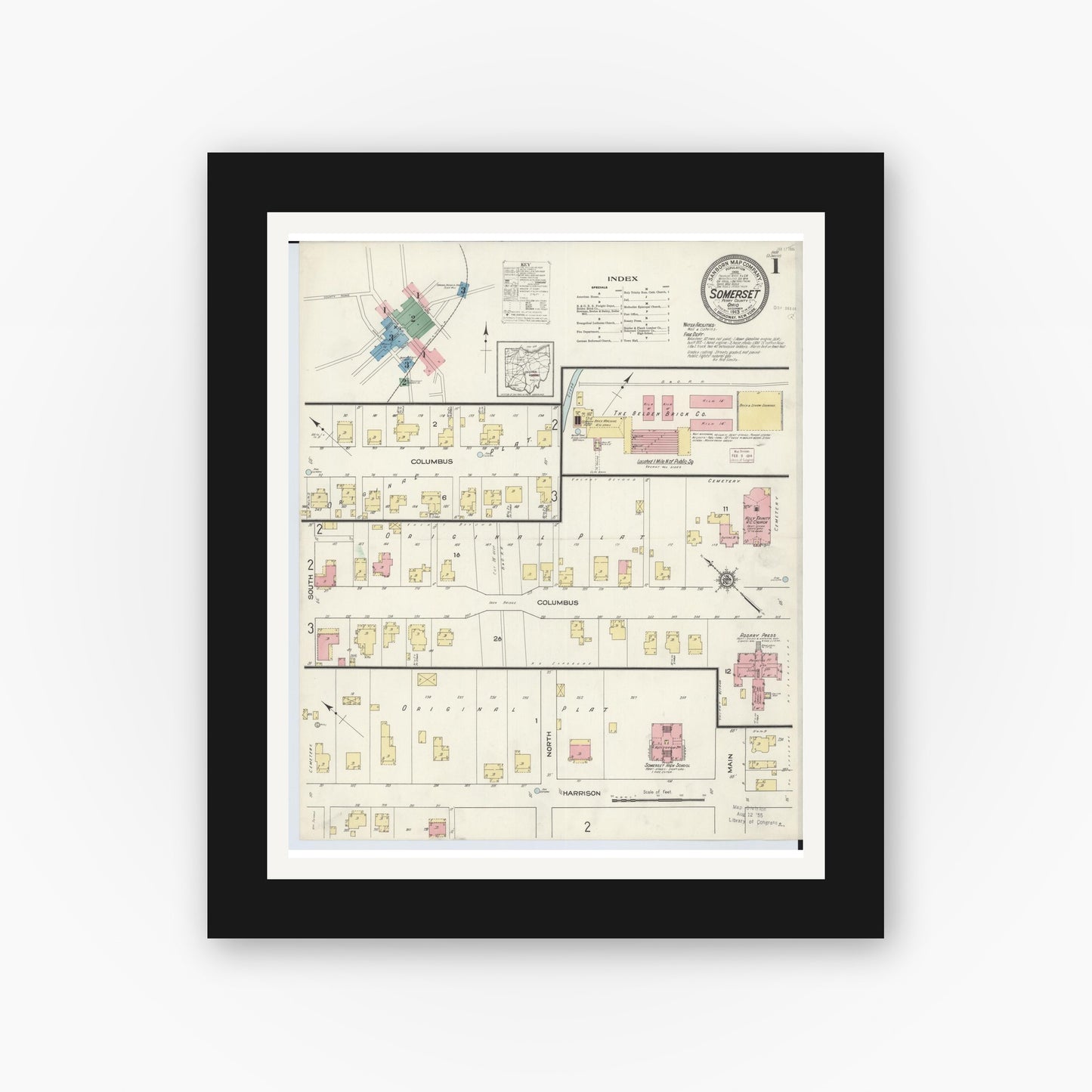 Old map wall art mockup β black gallery frame with white mat β Sanborn Fire Insurance Map from Somerset, Perry County, Ohio (1913) - Complete Map Set