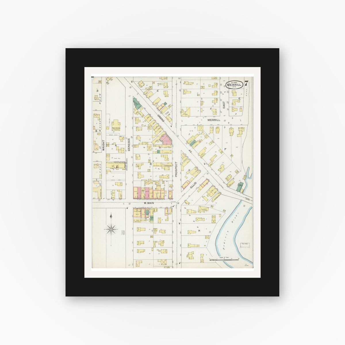 Old map wall art mockup — black gallery frame with white mat — Sanborn Fire Insurance Map from Merrill, Lincoln County, Wisconsin (1892), Sheet #0007