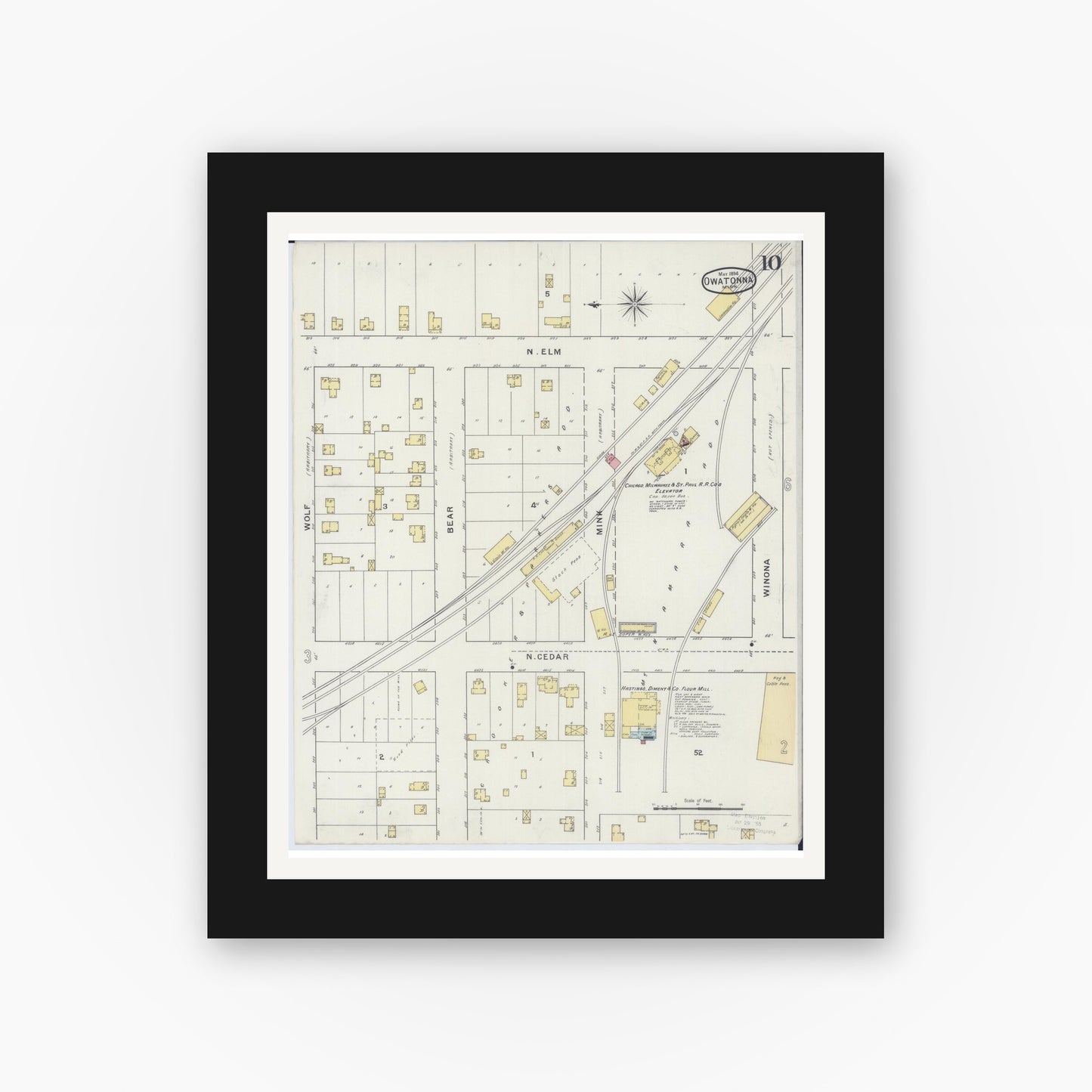 Old map wall art mockup — black gallery frame with white mat — Sanborn Fire Insurance Map from Owatonna, Steele County, Minnesota (1894), Sheet #0010
