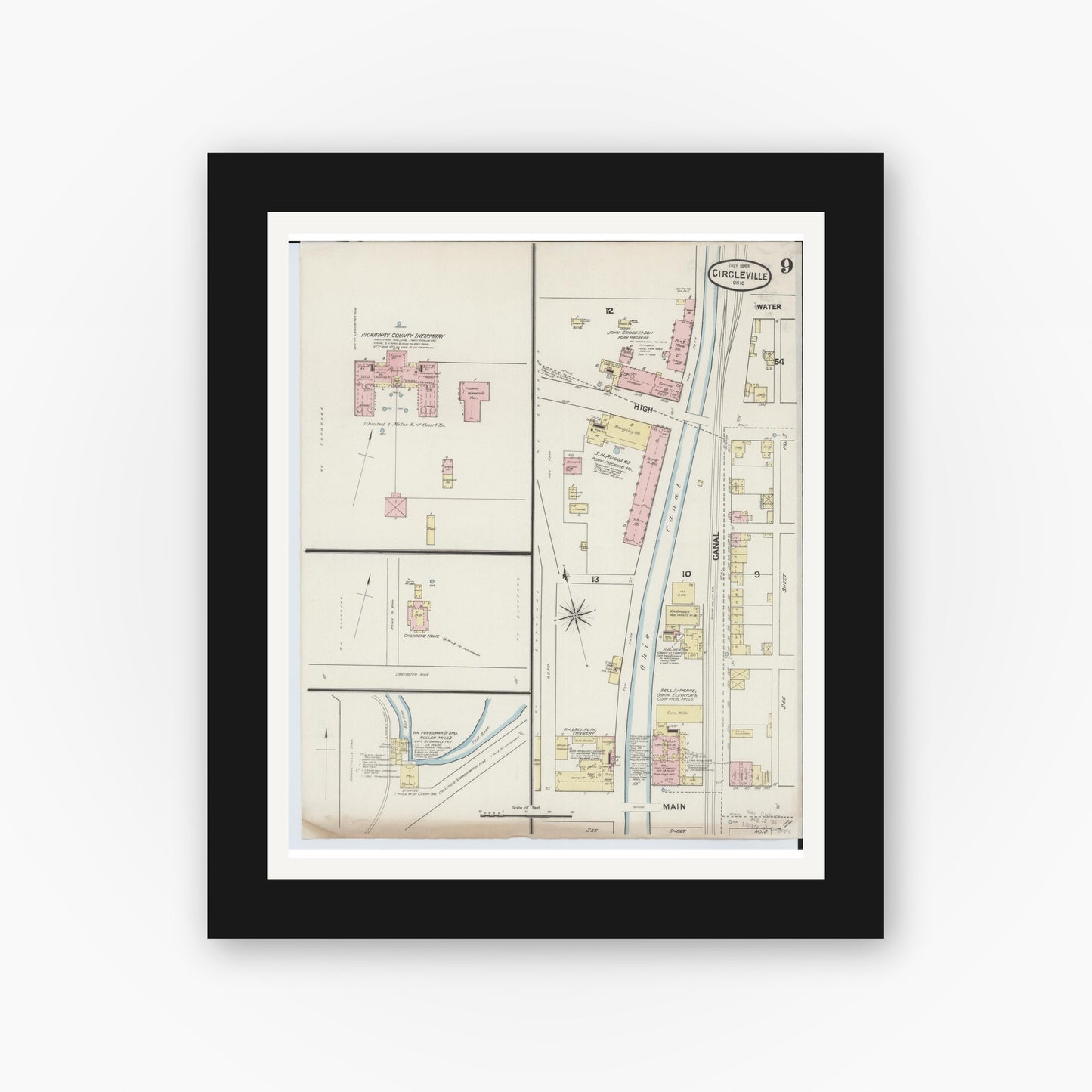 Old map wall art mockup — black gallery frame with white mat — Sanborn Fire Insurance Map from Circleville, Pickaway County, Ohio (1889), Sheet #0009