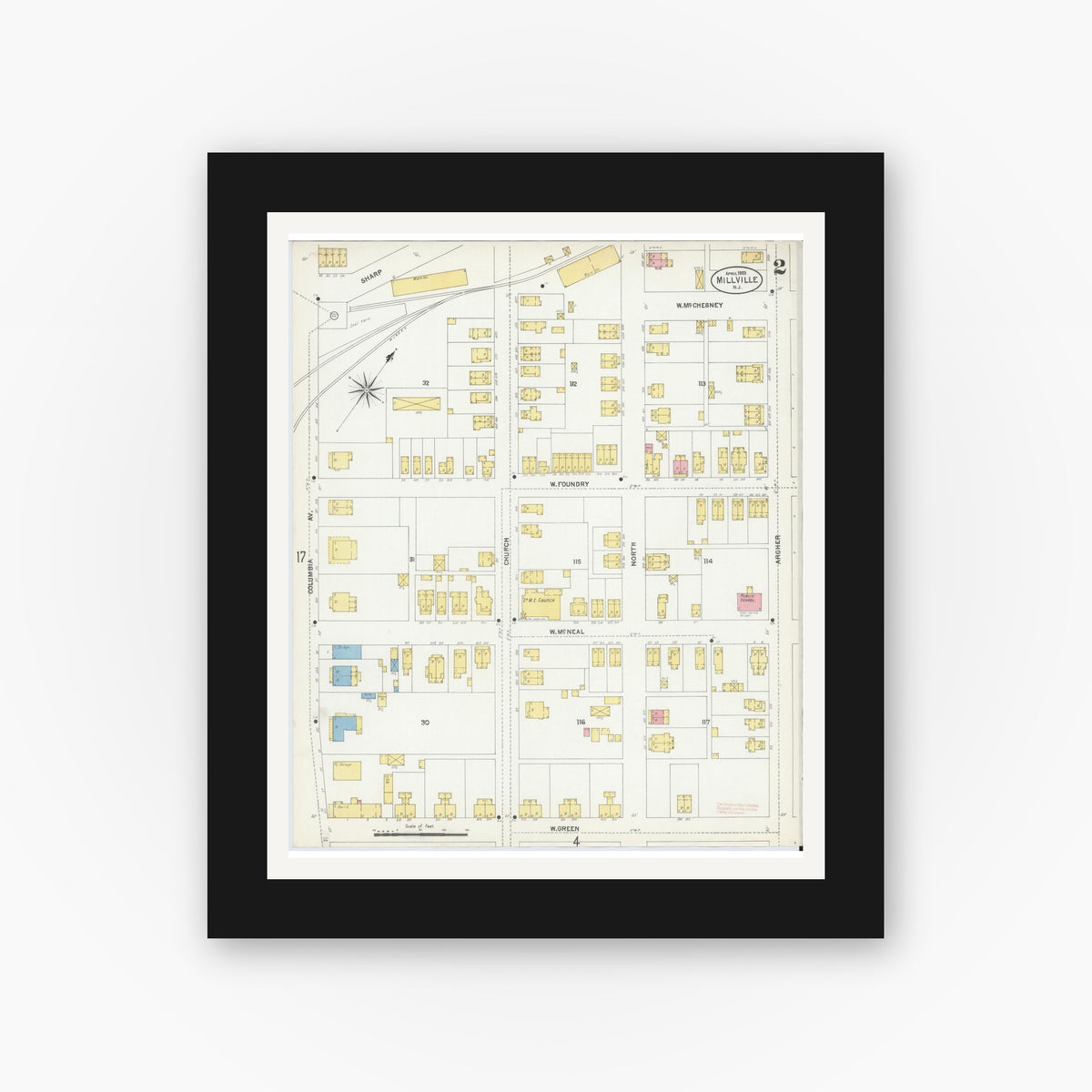 Old map wall art mockup — black gallery frame with white mat — Sanborn Fire Insurance Map from Millville, Cumberland County, New Jersey (1903), Sheet #0002