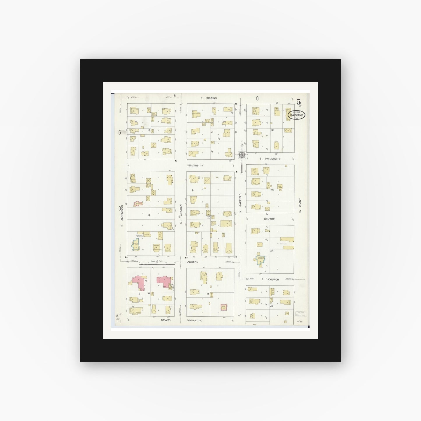 Old map wall art mockup — black gallery frame with white mat — Sanborn Fire Insurance Map from Harvard, McHenry County, Illinois (1912), Sheet #0005