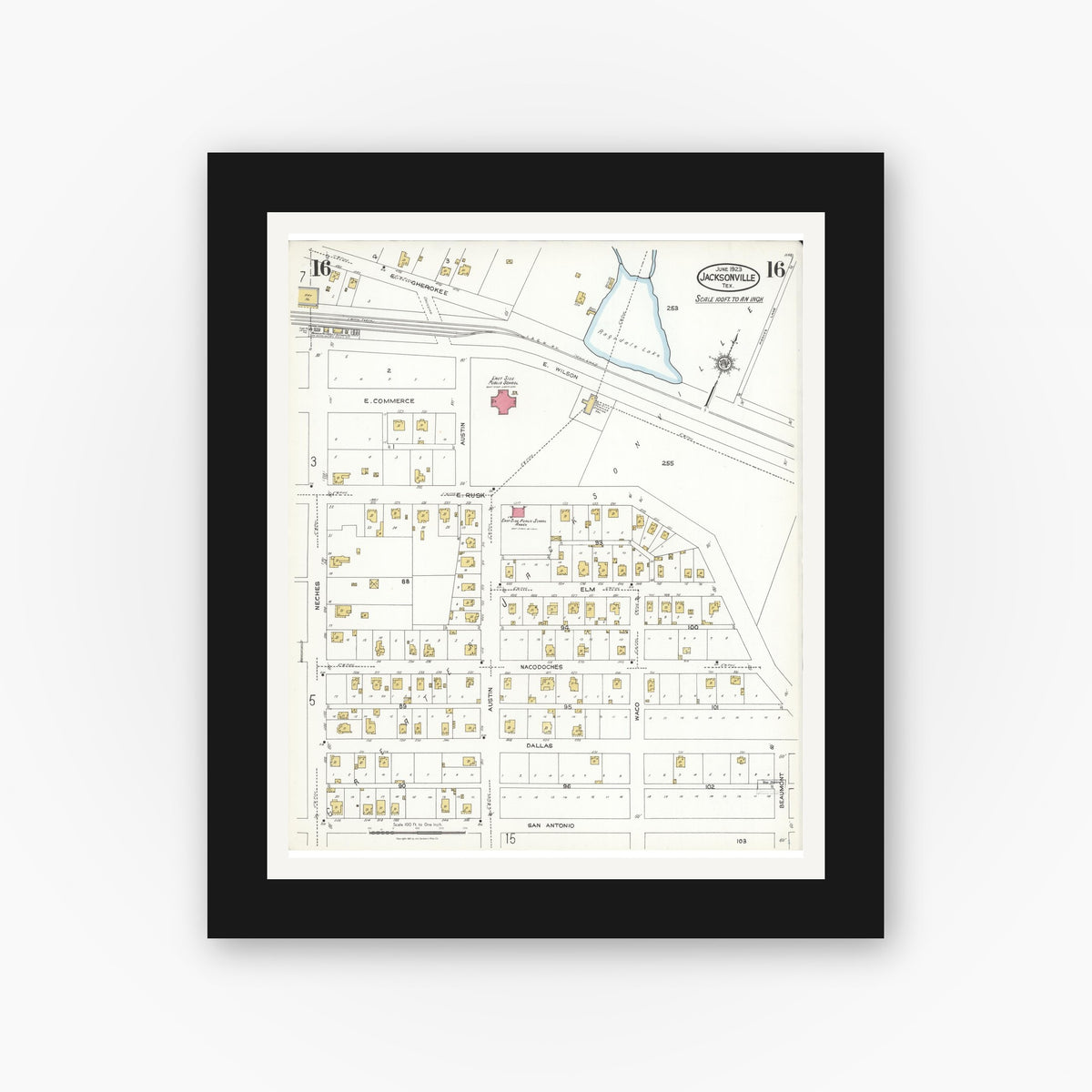 Old map wall art mockup — black gallery frame with white mat — Sanborn Fire Insurance Map from Jacksonville, Cherokee County, Texas (1923), Sheet #0016