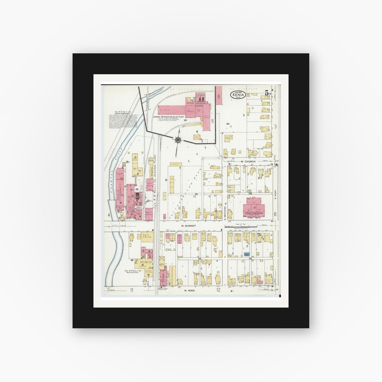 Old map wall art mockup — black gallery frame with white mat — Sanborn Fire Insurance Map from Xenia, Greene County, Ohio (1919), Sheet #0005