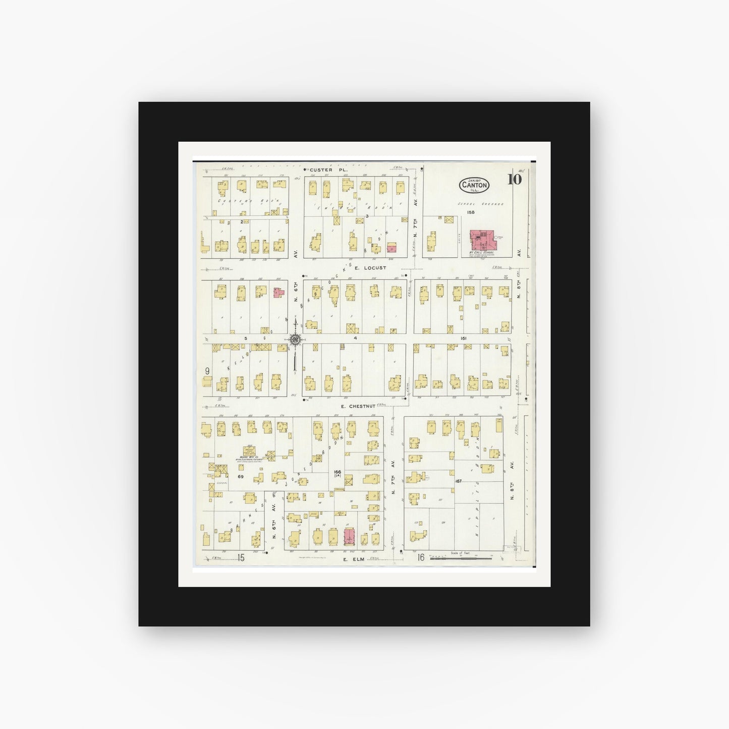 Old map wall art mockup — black gallery frame with white mat — Sanborn Fire Insurance Map from Canton, Fulton County, Illinois (1917), Sheet #0010