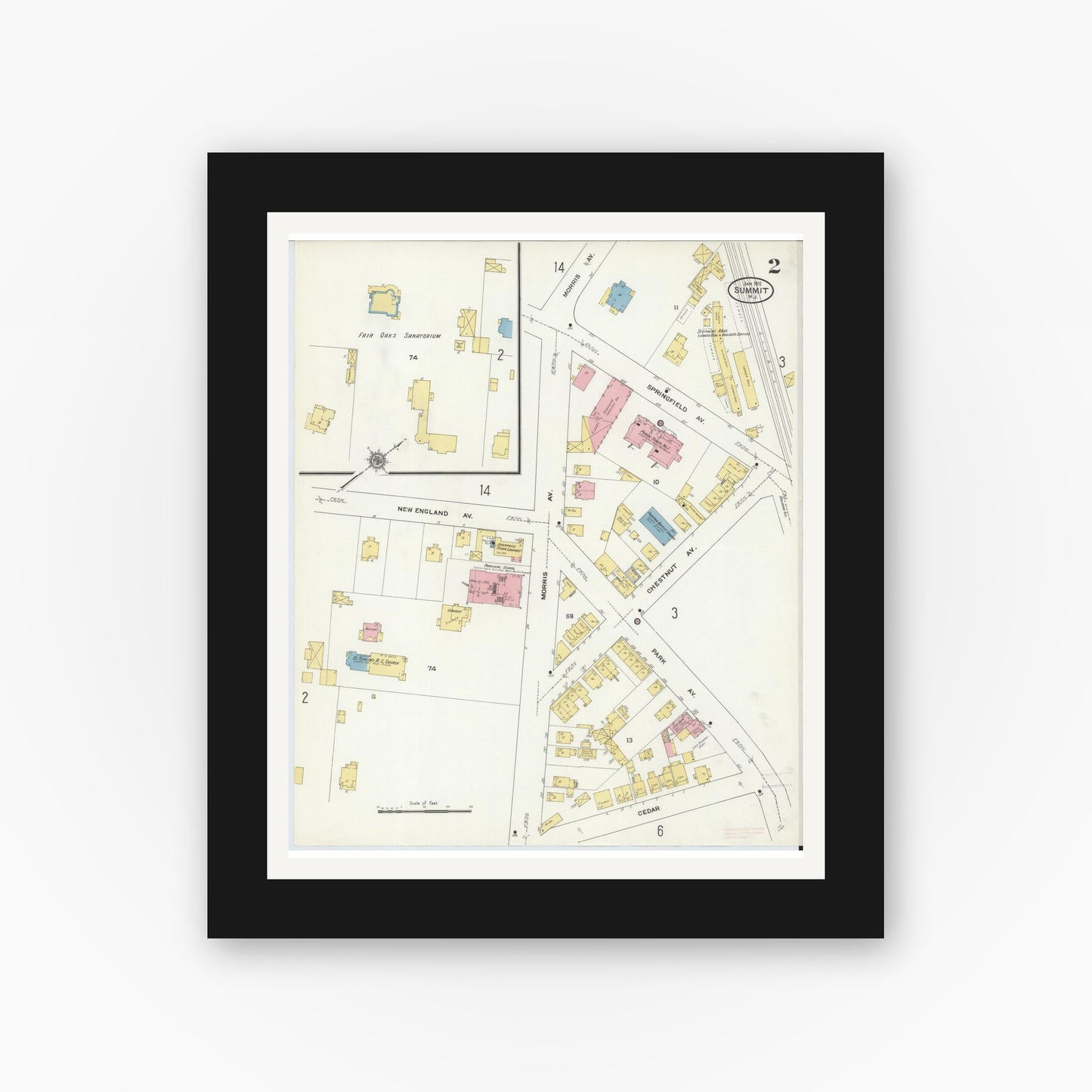 Old map wall art mockup — black gallery frame with white mat — Sanborn Fire Insurance Map from Summit, Union County, New Jersey (1911) - Complete Map Set