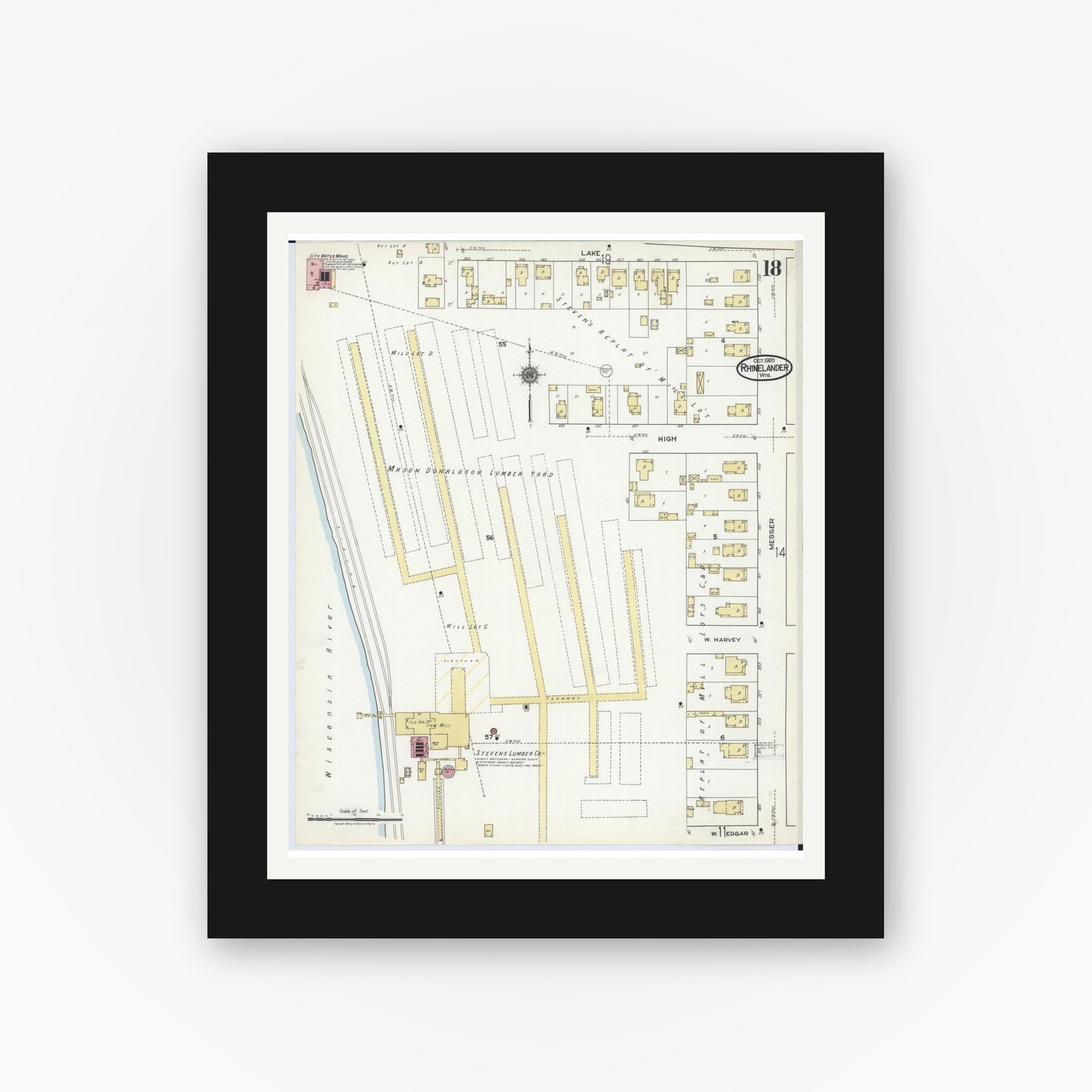 Old map wall art mockup — black gallery frame with white mat — Sanborn Fire Insurance Map from Rhinelander, Oneida County, Wisconsin (1920), Sheet #0018