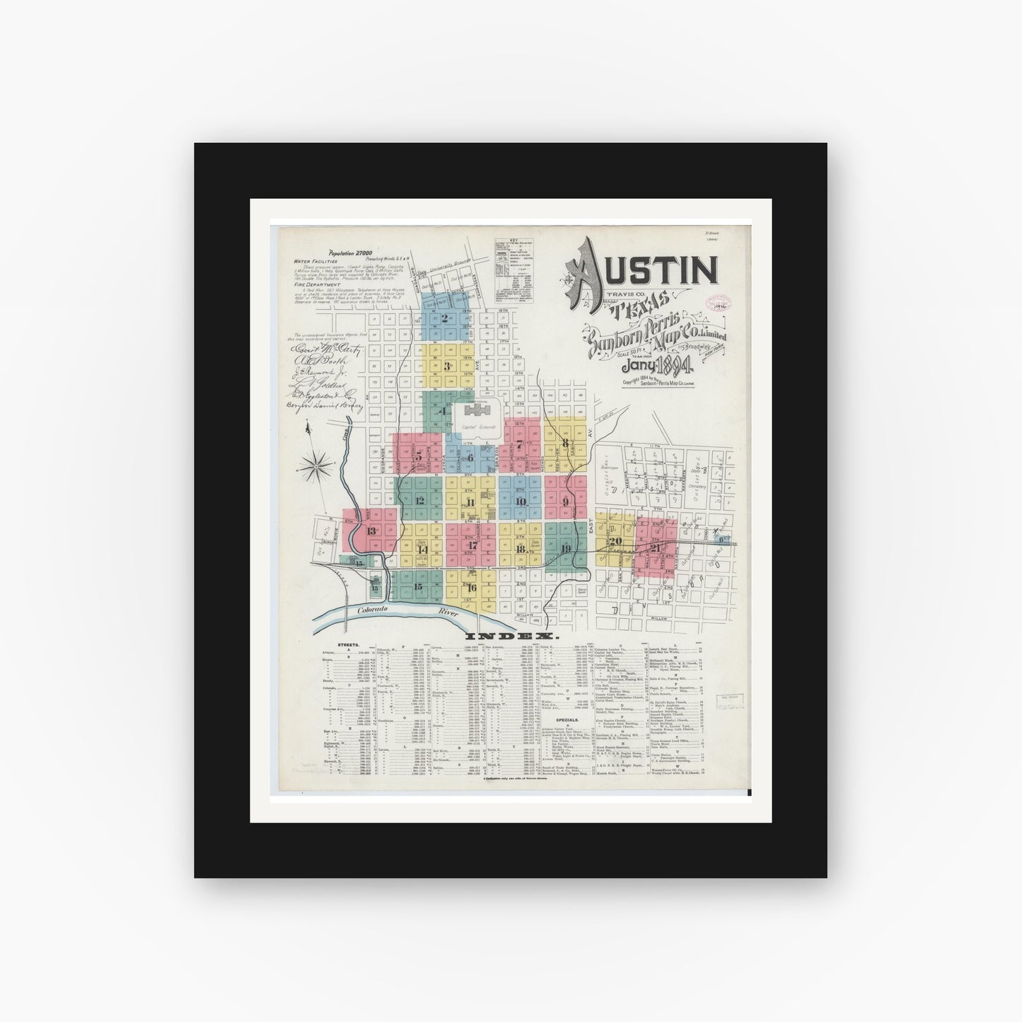 Old map wall art mockup — black gallery frame with white mat — Sanborn Fire Insurance Map from Austin, Travis County, Texas (1894), Sheet #0001