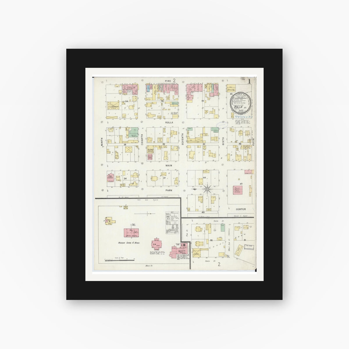 Old map wall art mockup — black gallery frame with white mat — Sanborn Fire Insurance Map from Rolla, Phelps County, Missouri (1897) - Complete Map Set