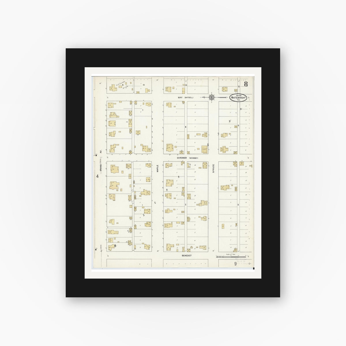 Old map wall art mockup — black gallery frame with white mat — Sanborn Fire Insurance Map from Whitewright, Grayson County, Texas (1912), Sheet #0008