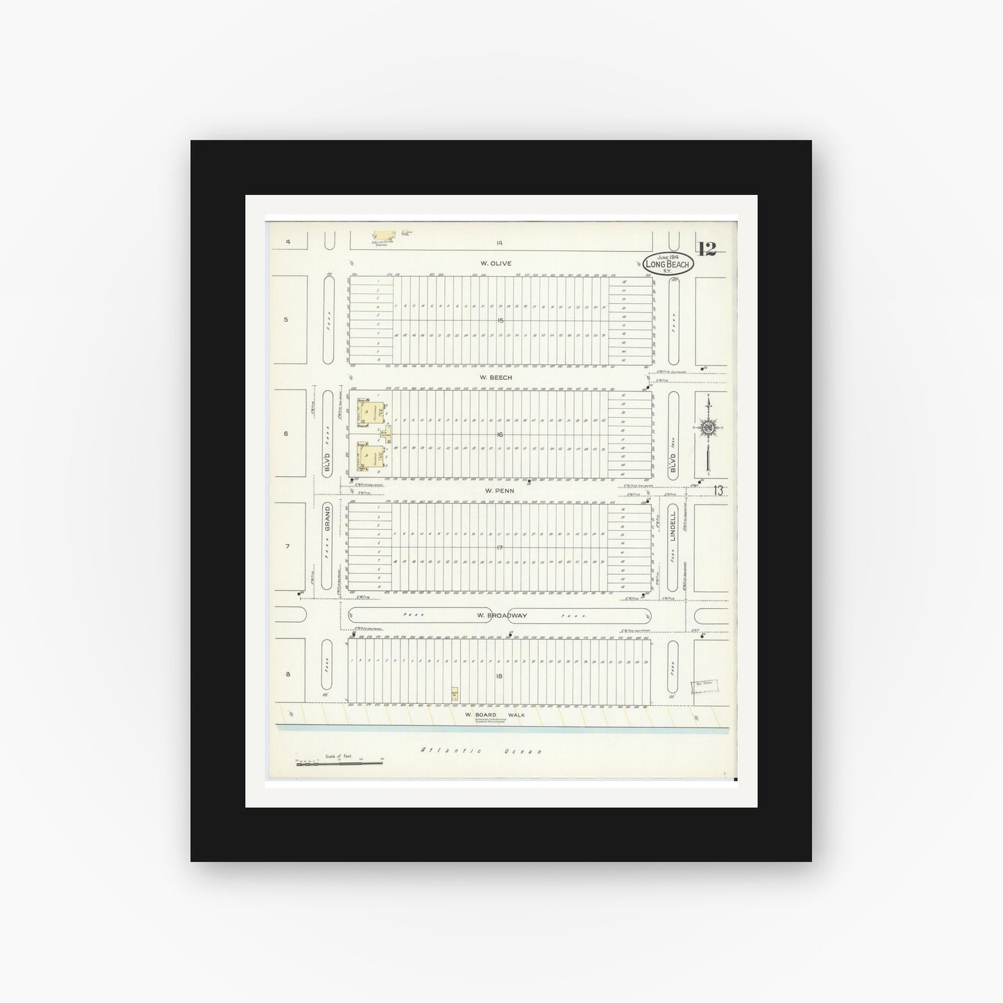 Old map wall art mockup — black gallery frame with white mat — Sanborn Fire Insurance Map from Long Beach, Nassau County, New York (1914), Sheet #0012