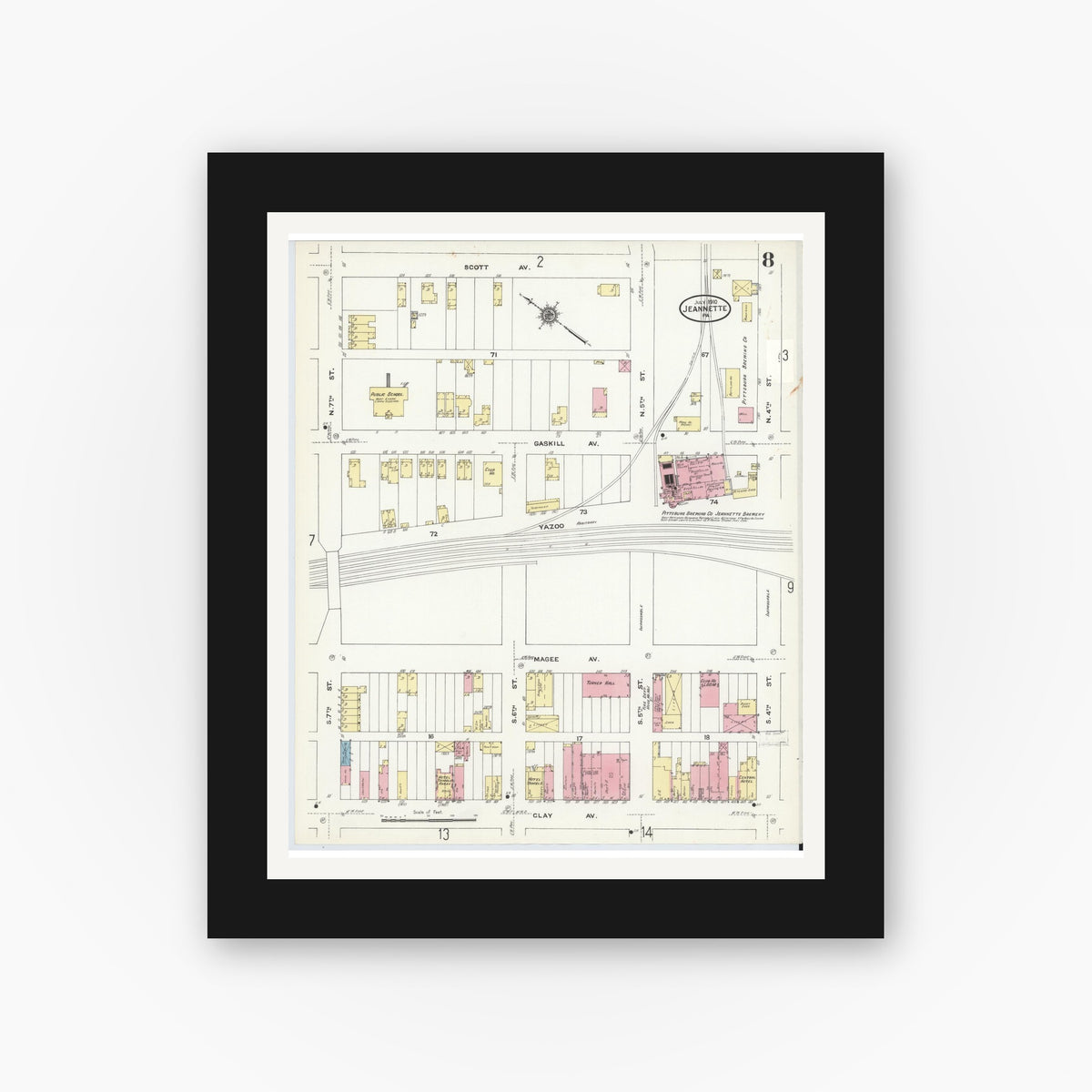 Old map wall art mockup — black gallery frame with white mat — Sanborn Fire Insurance Map from Jeannette, Westmoreland County, Pennsylvania (1910), Sheet #0008