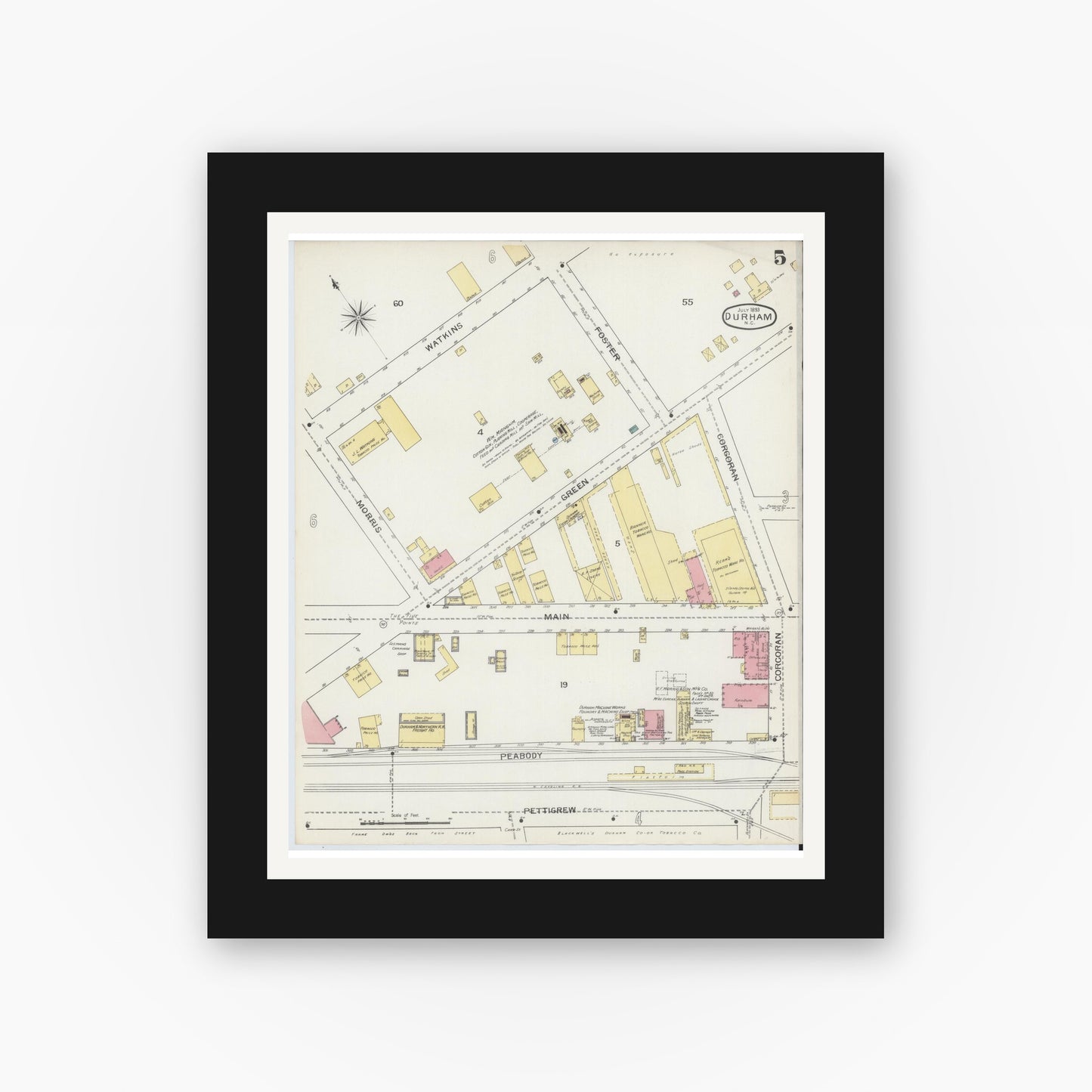 Old map wall art mockup — black gallery frame with white mat — Sanborn Fire Insurance Map from Durham, Durham County, North Carolina (1893), Sheet #0005