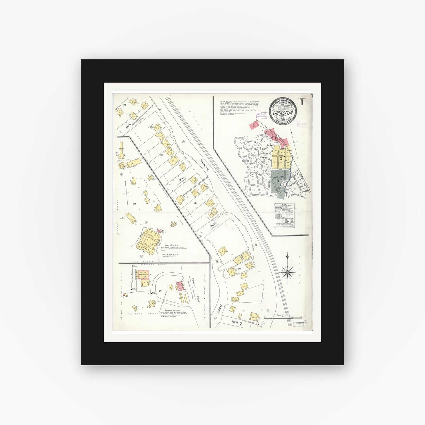 Old map wall art mockup — black gallery frame with white mat — Sanborn Fire Insurance Map from Larkspur, Marin County, California (1909), Sheet #0001