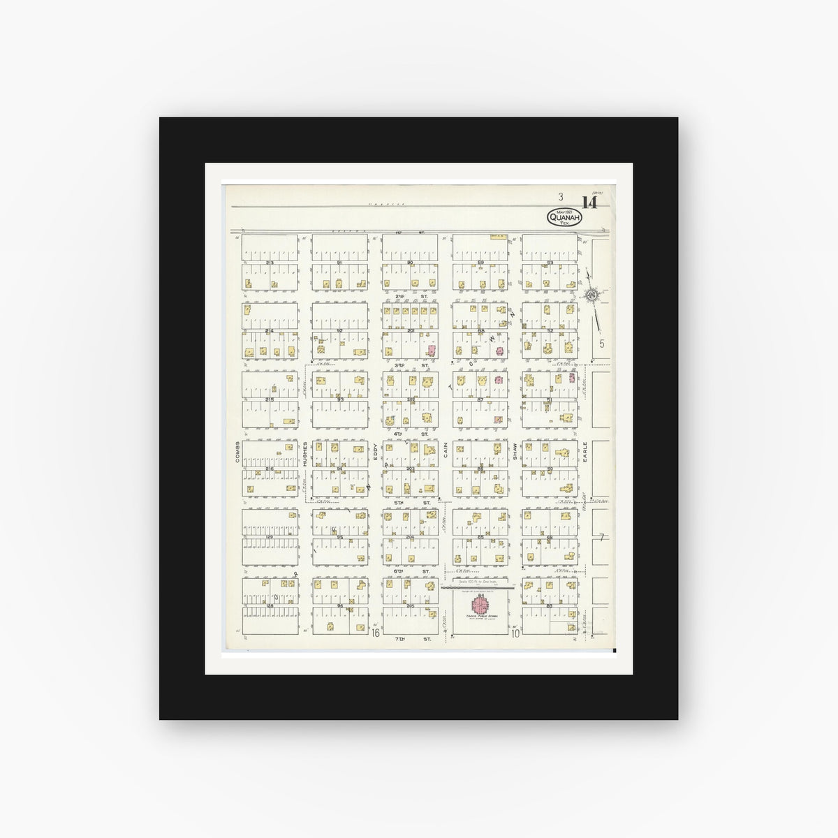 Old map wall art mockup — black gallery frame with white mat — Sanborn Fire Insurance Map from Quanah, Hardeman County, Texas (1921), Sheet #0014