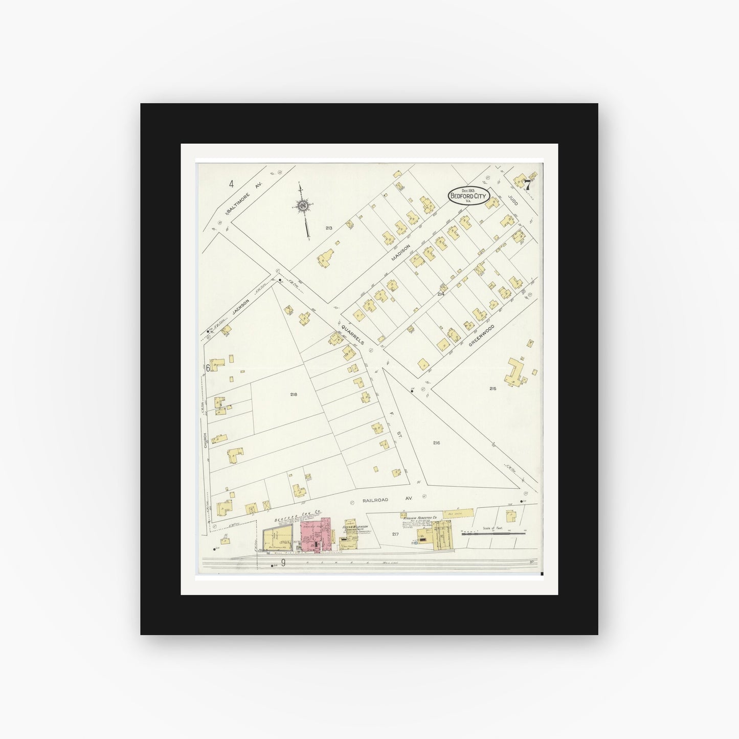 Old map wall art mockup — black gallery frame with white mat — Sanborn Fire Insurance Map from Bedford, Independent Cities, Virginia (1913), Sheet #0007